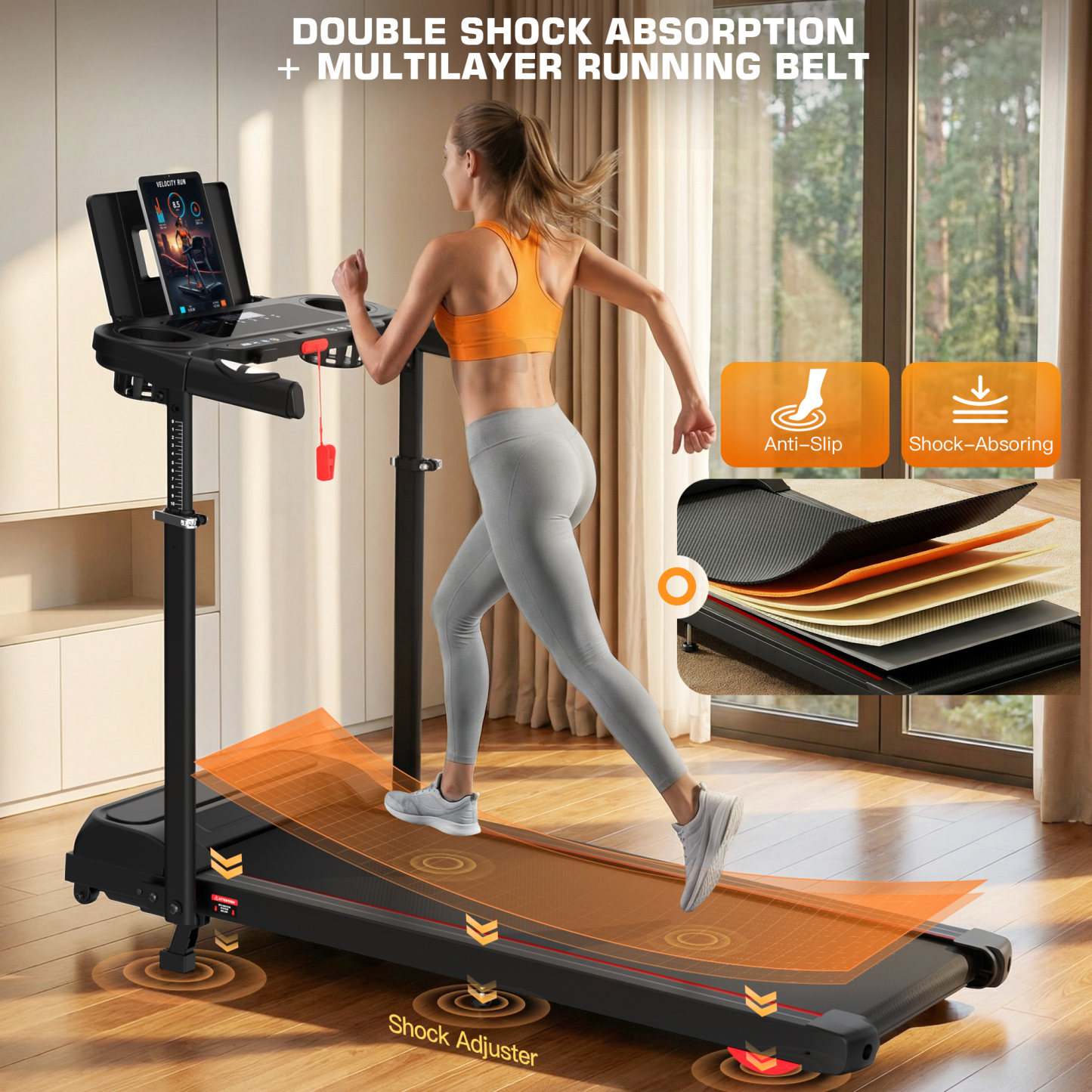 Adjustable Height Treadmill with Foldable Workstation & 8% Incline, 3.5HP Portable Treadmills for Home 300 lbs Weight Capacity, 12 Programs, Heart Rate Monitor,Installation in 4 Steps