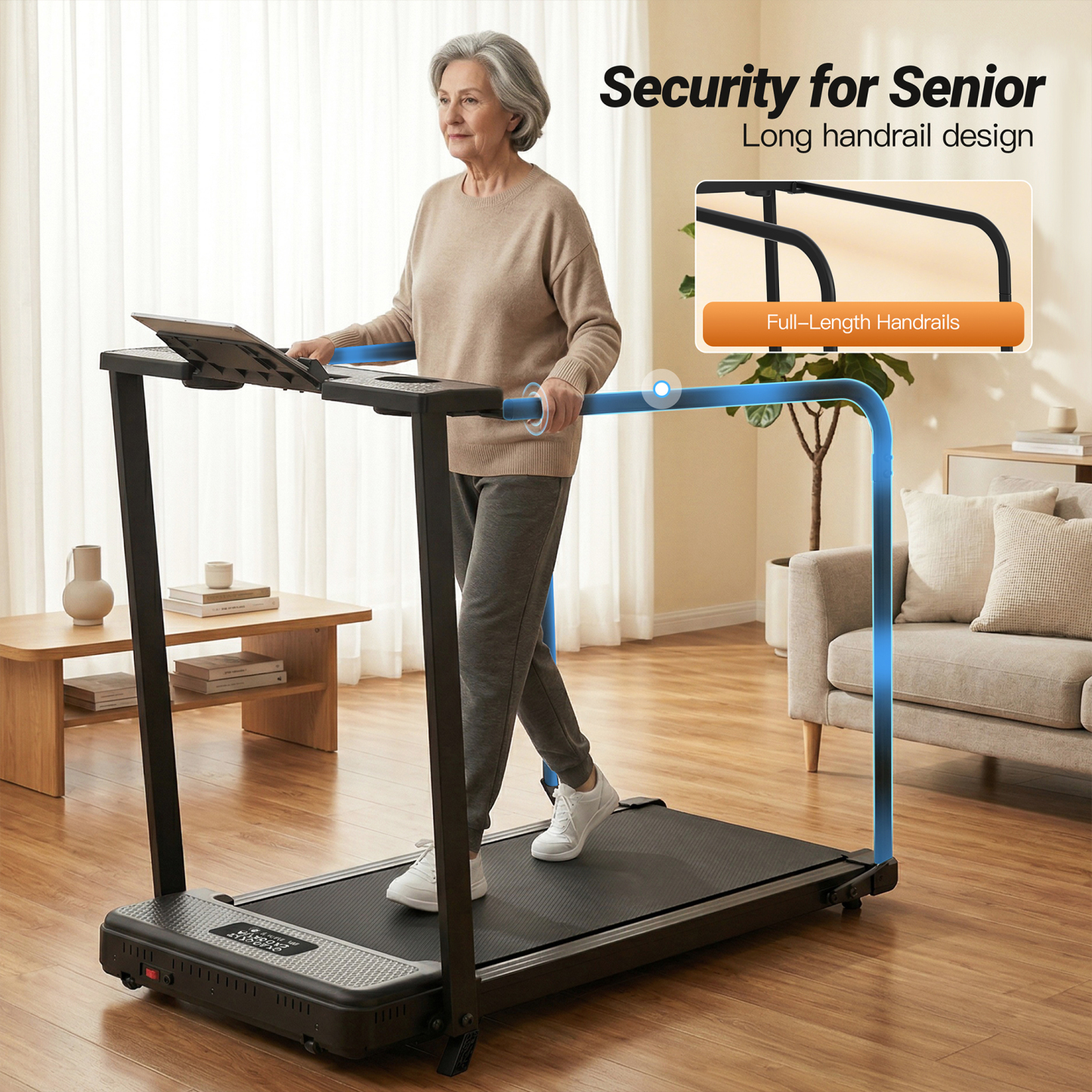 Simpfree 2.5HP Treadmill for Home 300 lbs Capacity, Walking Pad with Full-Length Handrails for Seniors, 5% Incline Portable Running Machine with Remote Control, LED Display, Cup & Phone Holder
