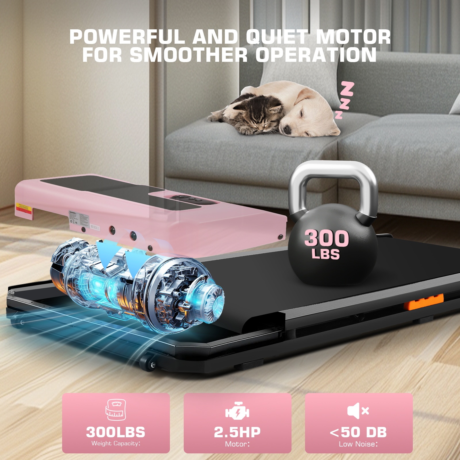 Walking Pad with Shock-absorbing Rubber, 2 in 1 Under Desk Treadmill with Remote Control, 300lbs Portable Treadmill with 3 Custom Modes for Home/Office (Pink)