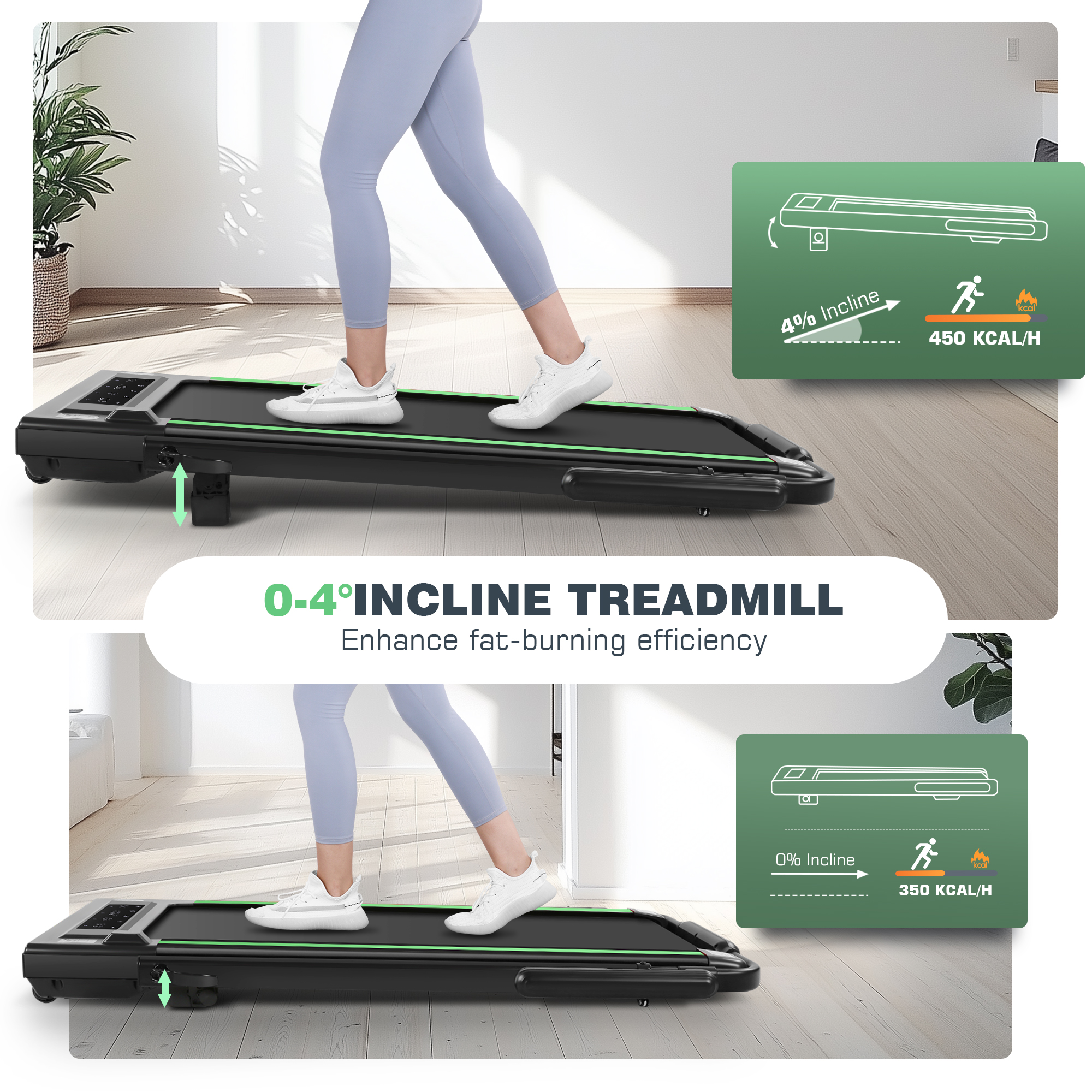Simpfree 3 in 1 Under Desk Treadmill with Height-adjustable Desk,Max 300lbs Capacity,Walking Pad with LED Touch Screen,Remote Control,2s Folding Treadmill,No installation required,0.5-7.5mph/h（Green）