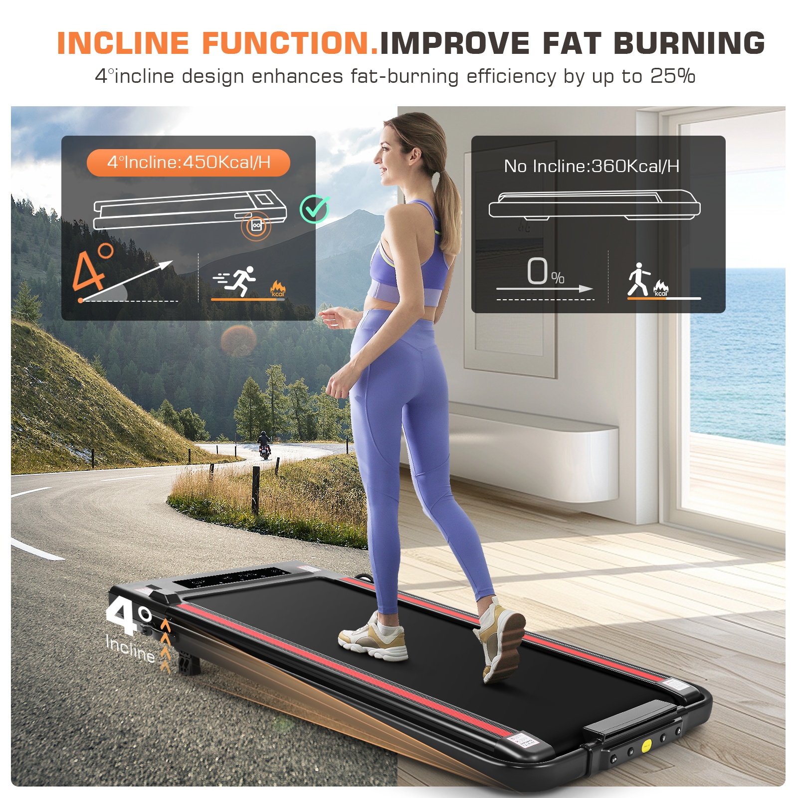 Simpfree 2 in 1 Under Desk Treadmill with Incline, Max 300lbs Capacity, Walking Pad/Compact Electric Treadmill for Home/Office with LED Touch Screen/Remote Watch |2s Folding Treadmill（Red）