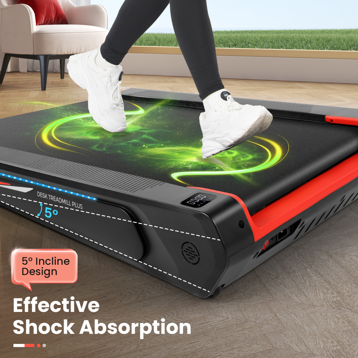 Walking Pad Treadmill with 5% Incline, 2.5HP Under Desk Treadmil with Remote and Unique Lamp Strip Design for Walking Running, Black & Red 300 Lbs Capacity