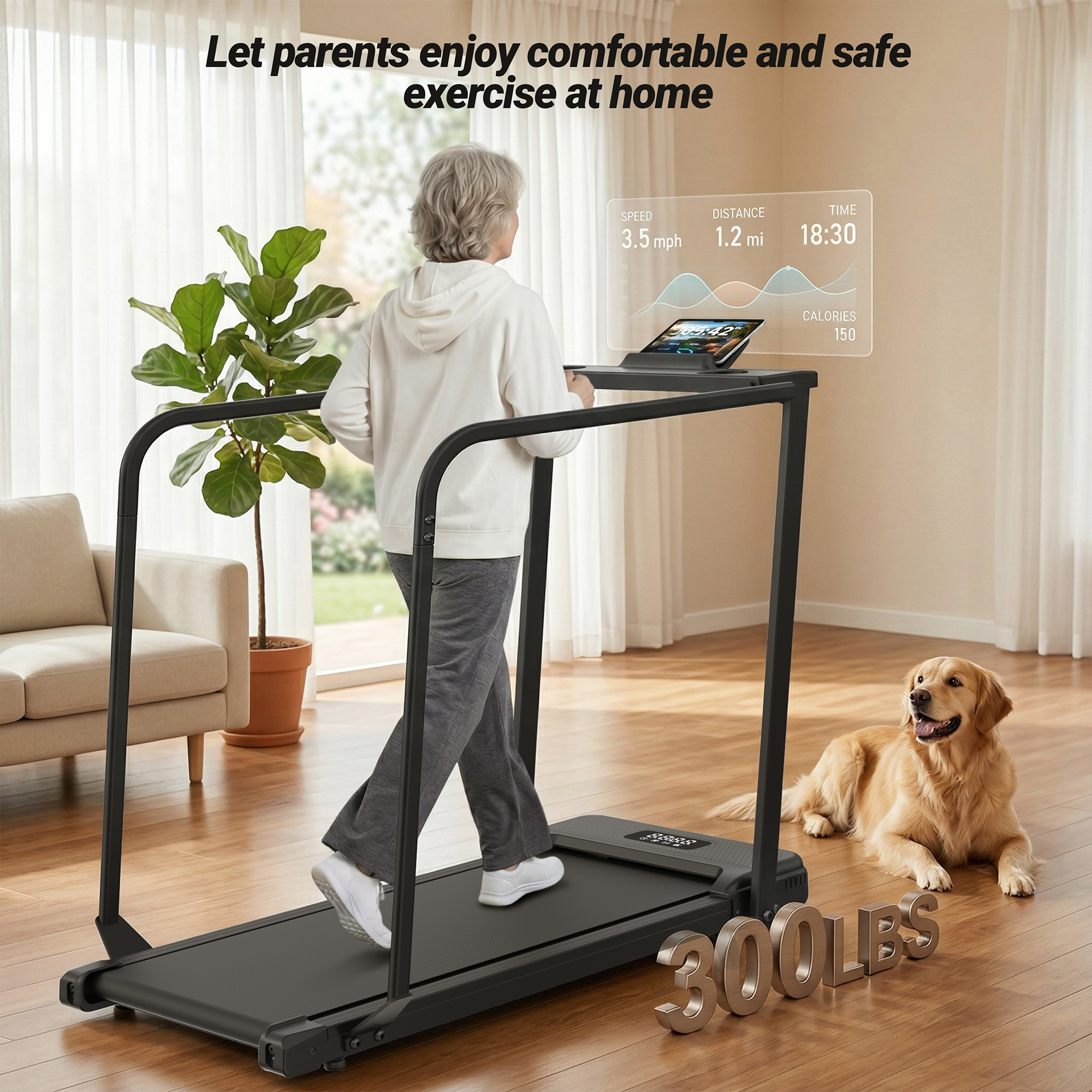 Simpfree 2.5HP Treadmill for Home 300 lbs Capacity, Walking Pad with Full-Length Handrails for Seniors, 5% Incline Portable Running Machine with Remote Control, LED Display, Cup & Phone Holder
