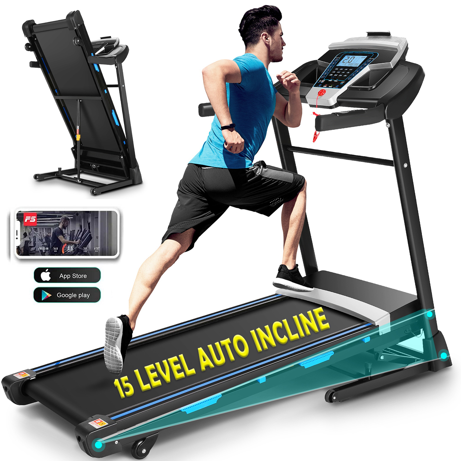 Simpfree 15% Auto Incline Treadmill 300 lb Capacity, 3.25HP Folding Treadmill for Home, Portable Running Walking Machine with LCD Display, Audio Speaker, App, 12 Preset Programs, Max 9MPH Speed