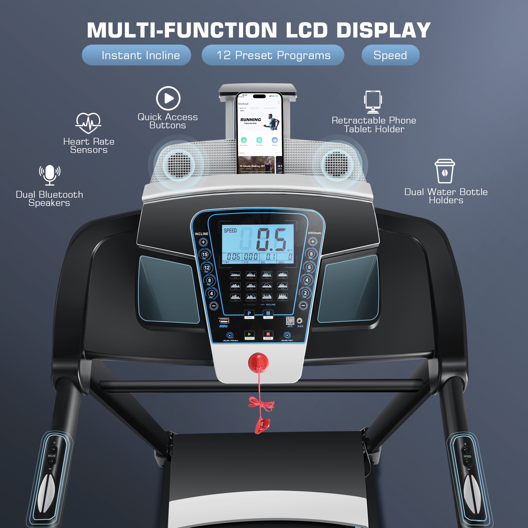 Simpfree Auto Incline Treadmill 300 lb Capacity, 3.25HP Folding Treadmill for Home, Portable Running Walking Machine with LCD Display, Audio Speaker, App, 12 Preset Programs, Easy Install（Blue-black）