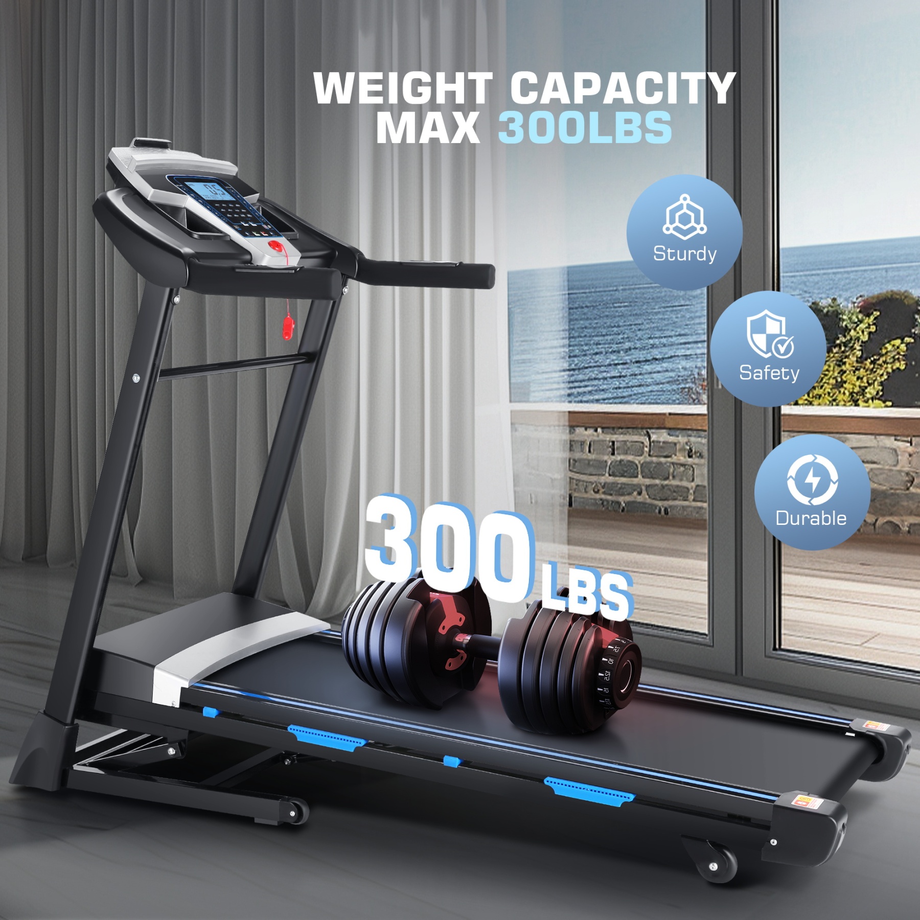 Simpfree Auto Incline Treadmill 300 lb Capacity, 3.25HP Folding Treadmill for Home, Portable Running Walking Machine with LCD Display, Audio Speaker, App, 12 Preset Programs, Easy Install（Blue-black）