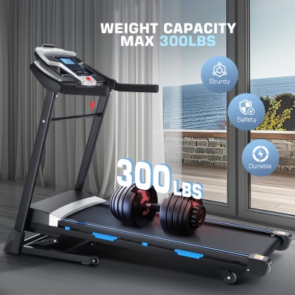 Simpfree Auto Incline Treadmill 300 lb Capacity, 3.25HP Folding Treadmill for Home, Portable Running Walking Machine with LCD Display, Audio Speaker, App, 12 Preset Programs, Easy Install（Blue-black）