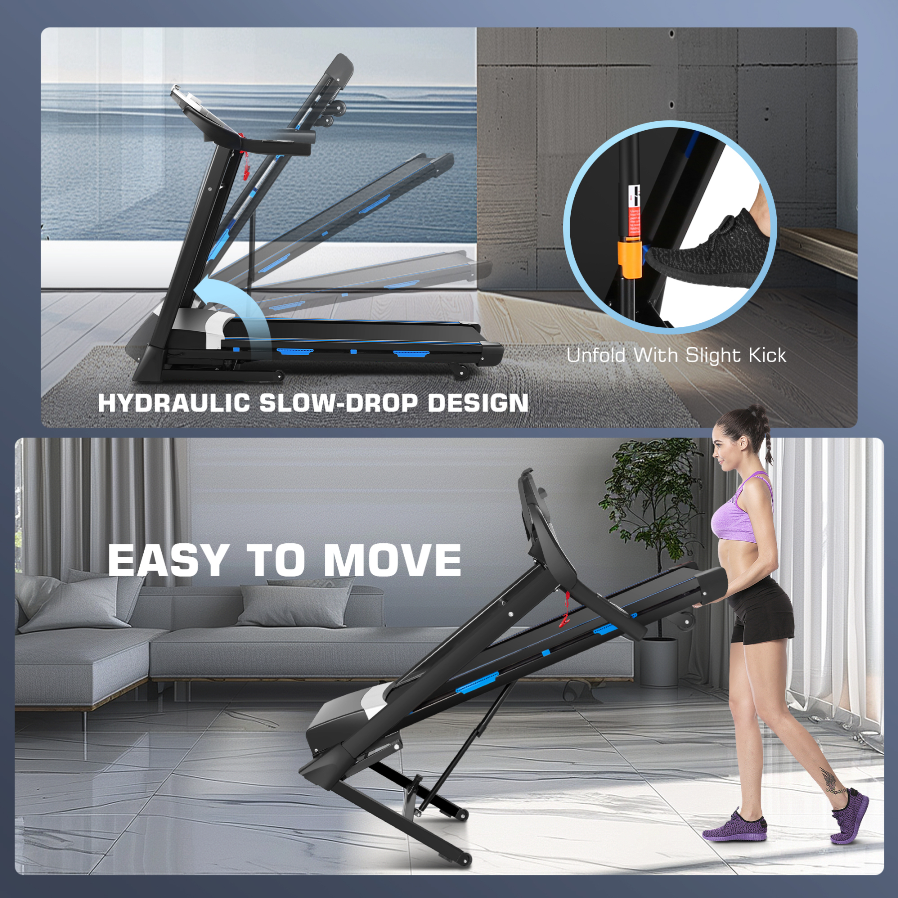 Simpfree Auto Incline Treadmill 300 lb Capacity, 3.25HP Folding Treadmill for Home, Portable Running Walking Machine with LCD Display, Audio Speaker, App, 12 Preset Programs, Easy Install（Blue-black）