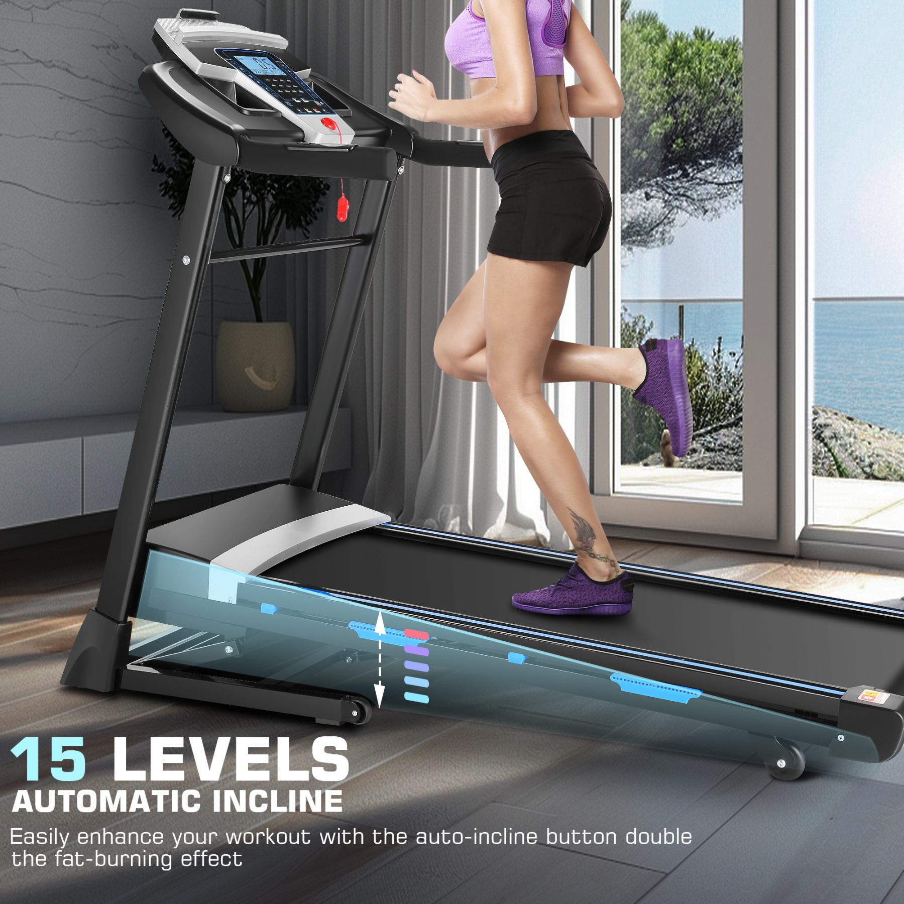 Simpfree Auto Incline Treadmill 300 lb Capacity, 3.25HP Folding Treadmill for Home, Portable Running Walking Machine with LCD Display, Audio Speaker, App, 12 Preset Programs, Easy Install（Blue-black）