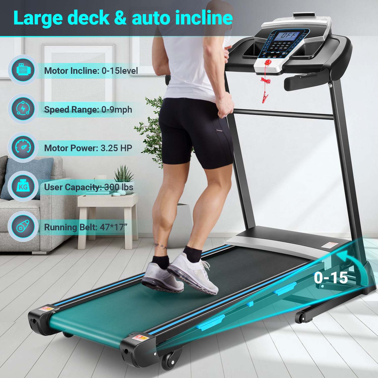 Treadmill 300 lb Capacity, 3.25 HP Automatic Incline Treadmill with APP & Bluetooth Audio Speakers, Electric Folding Treadmills for Home Office Gym, Indoor Walking Running Exercise Machine