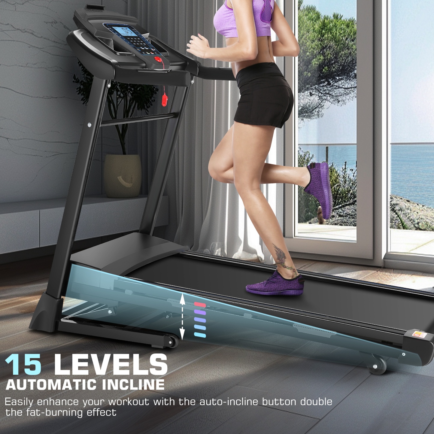 Simpfree Auto Incline Treadmill 300 lb Capacity, 3.25HP Folding Treadmill for Home, Portable Running Walking Machine with LCD Display, Audio Speaker, App, 12 Preset Programs, Easy Install（black）