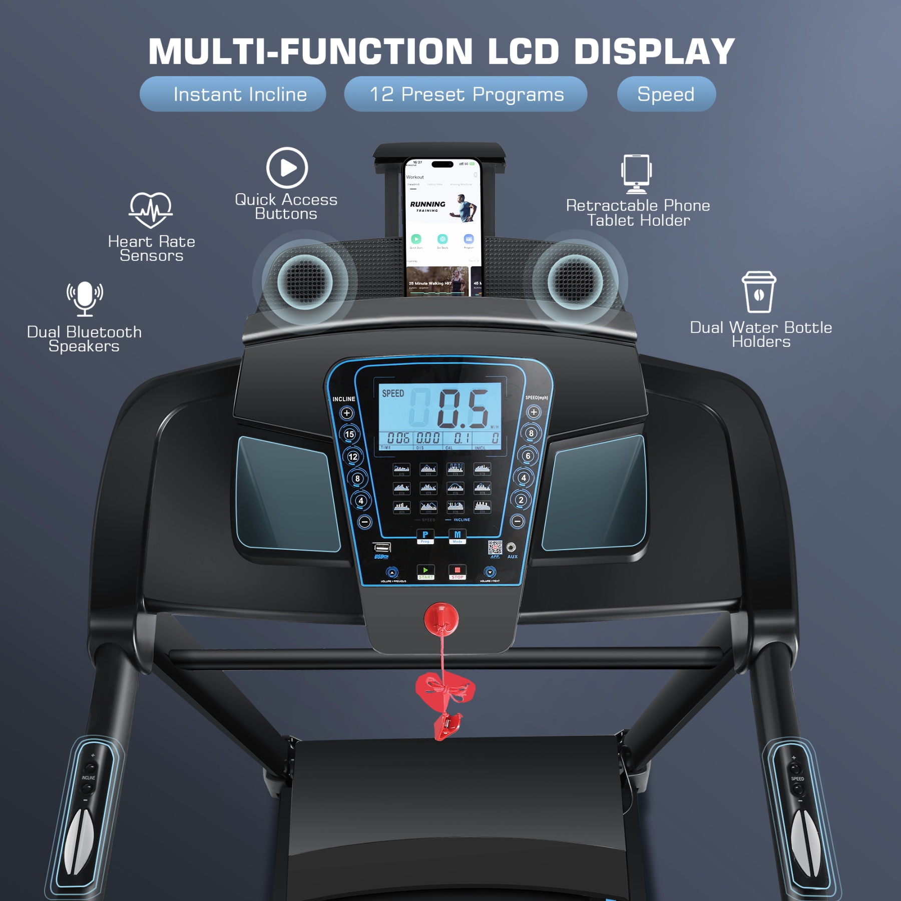 Simpfree Auto Incline Treadmill 300 lb Capacity, 3.25HP Folding Treadmill for Home, Portable Running Walking Machine with LCD Display, Audio Speaker, App, 12 Preset Programs, Easy Install（black）