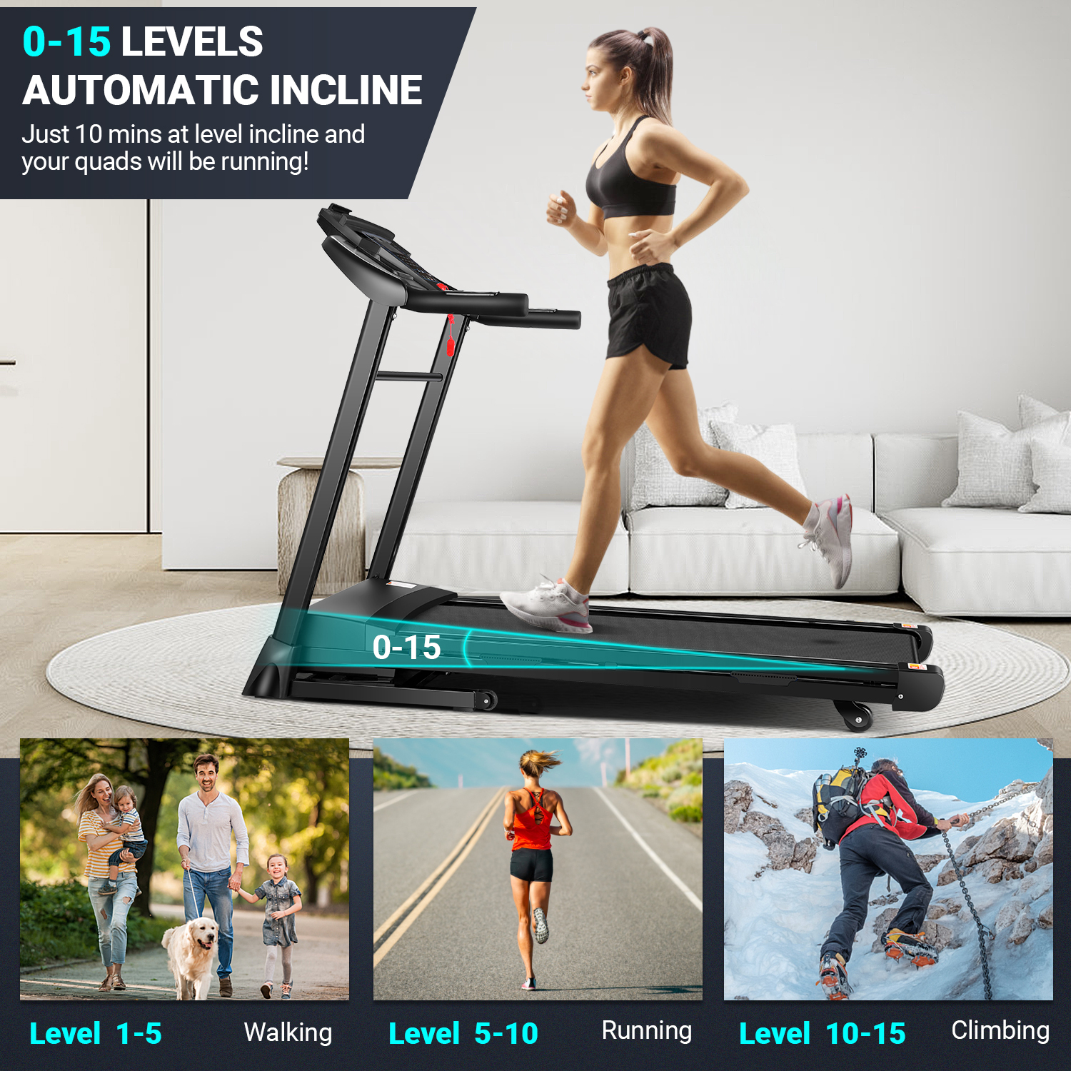 Adnoom Treadmill 300 lb Capacity, 3.25 HP Automatic Incline Treadmill with APP & Bluetooth Audio Speakers, Electric Folding Treadmills for Home Office Gym, Indoor Walking Running Exercise Machine