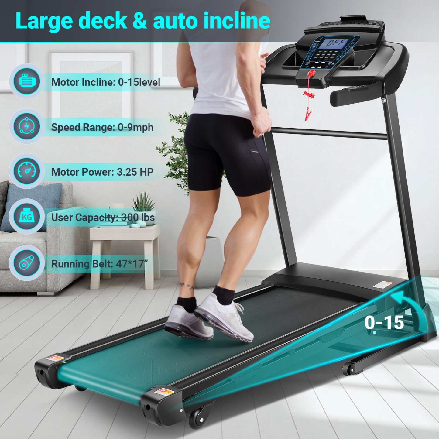 Adnoom Treadmill 300 lb Capacity, 3.25 HP Automatic Incline Treadmill with APP & Bluetooth Audio Speakers, Electric Folding Treadmills for Home Office Gym, Indoor Walking Running Exercise Machine