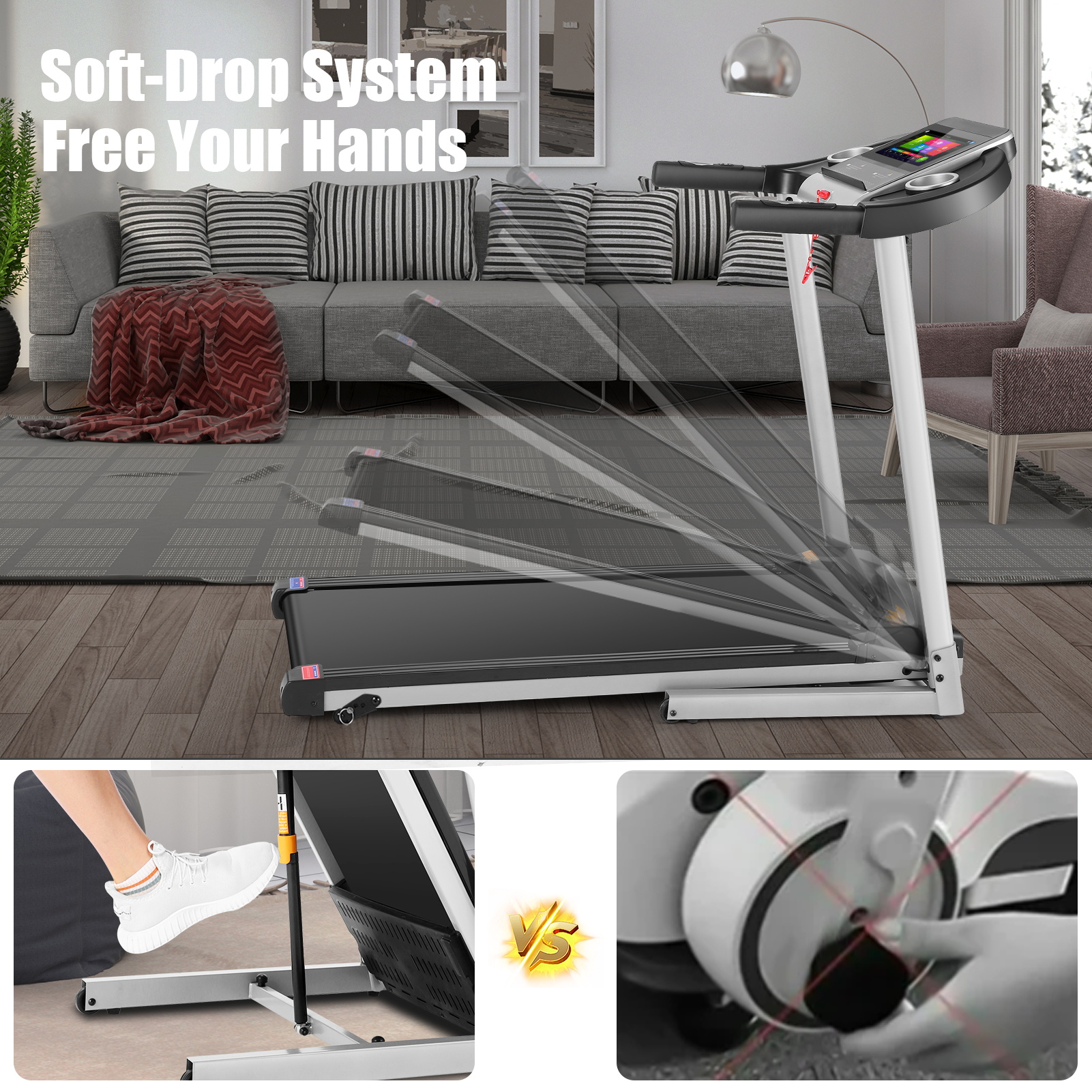  Home Treadmill--Treadmill with 10" HD TV Movie Touchscreen and 3D Virtual Sports Scene, Folding Treadmill with WiFi Connection, Speaker, Wide Belt, Youtube（Silver）