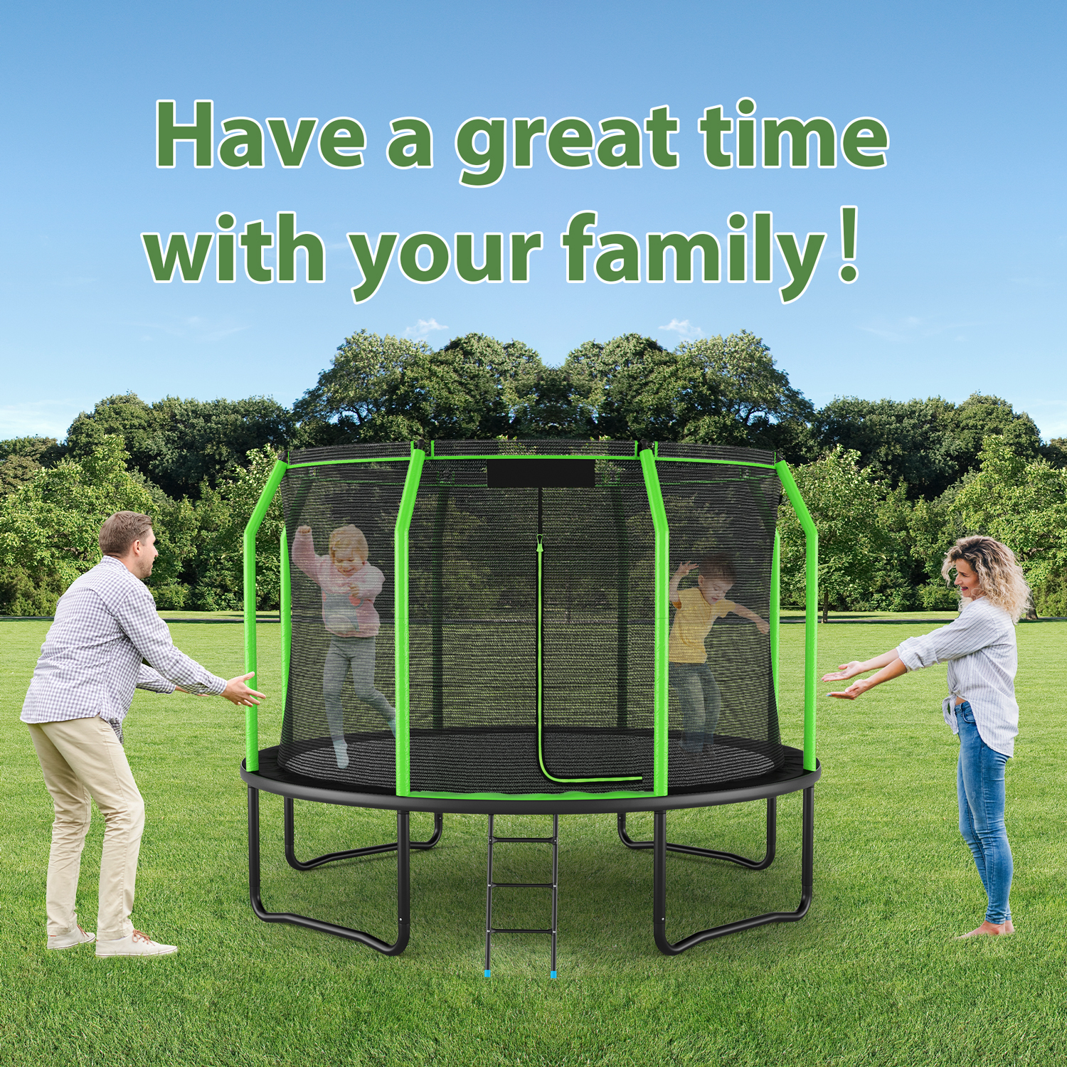 8FT 12FT 14FT Trampoline with Enclosure Net, No Gap Design, Backyard Trampoline with Ladder, Outdoor Heavy-Duty Recreational Round Trampolines,14FT-720LBS