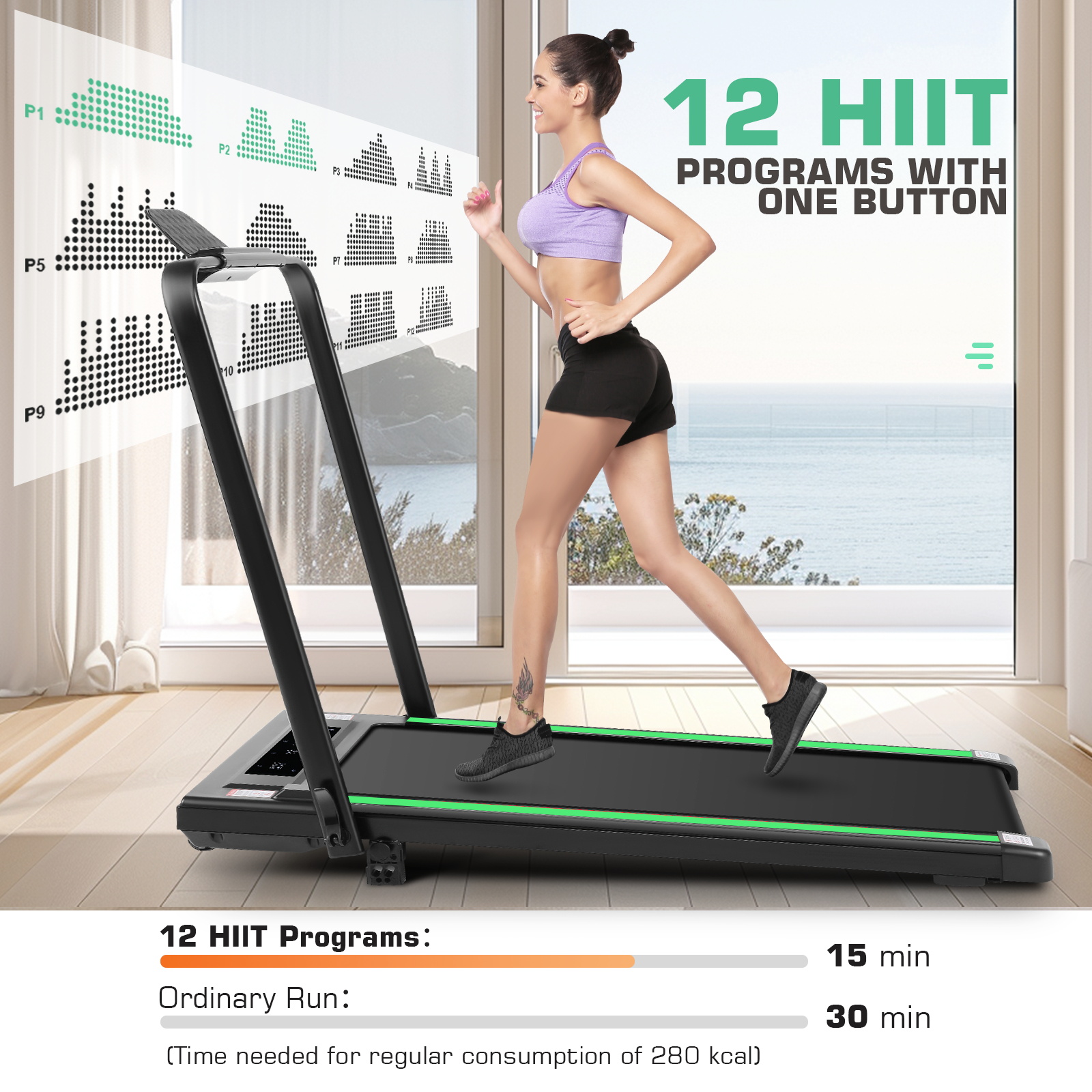 2 in 1 Under Desk Treadmill with Incline-Max 300lb Capacity, Walking Pad/Compact Electric Treadmill for Home/Gym/Office with LED Touch Screen/Remote Watch/2s Folding Treadmill（Green）