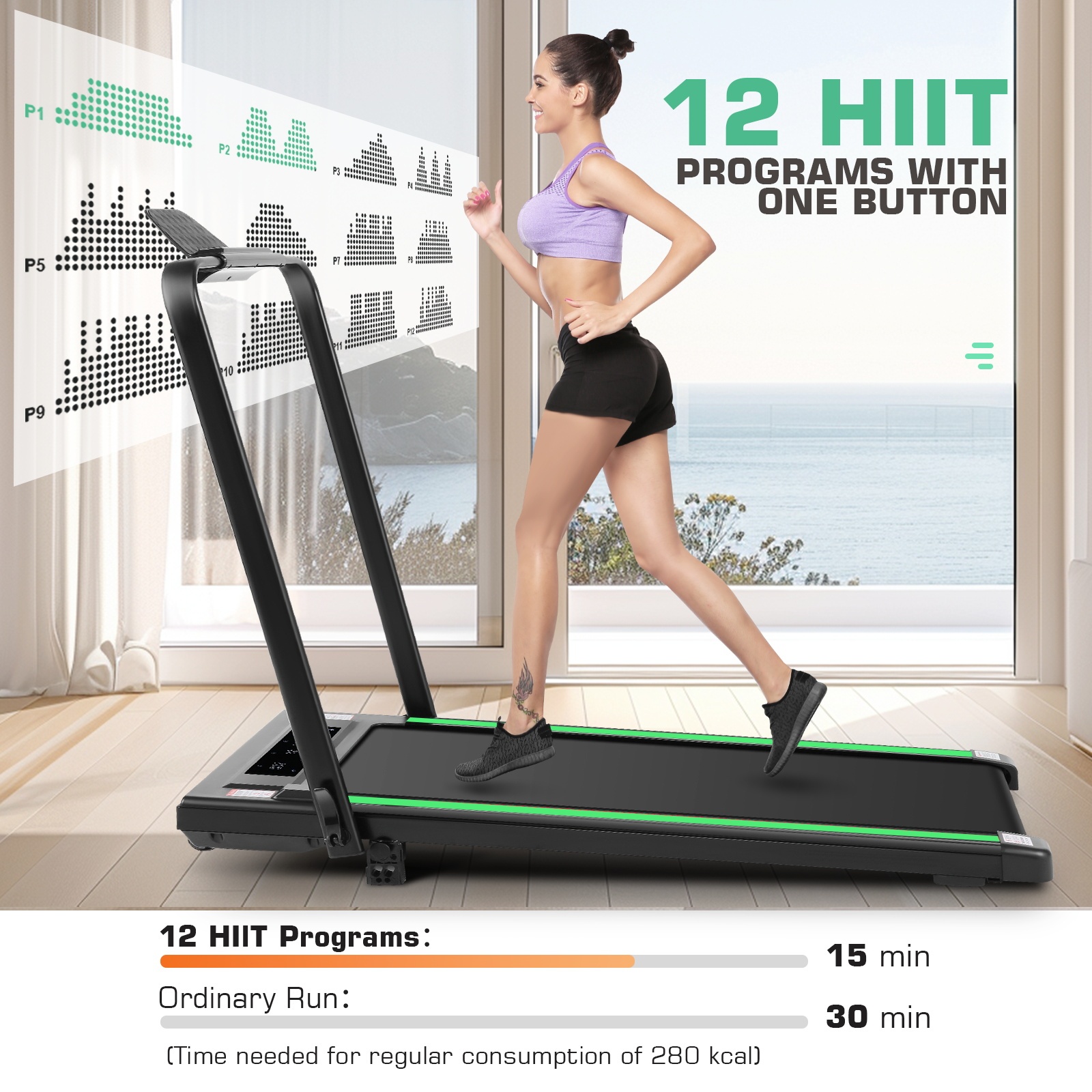 2 in 1 Under Desk Treadmill with Incline-Max 300lb Capacity, Walking Pad/Compact Electric Treadmill for Home/Gym/Office with LED Touch Screen/Remote Watch/2s Folding Treadmill（Green）