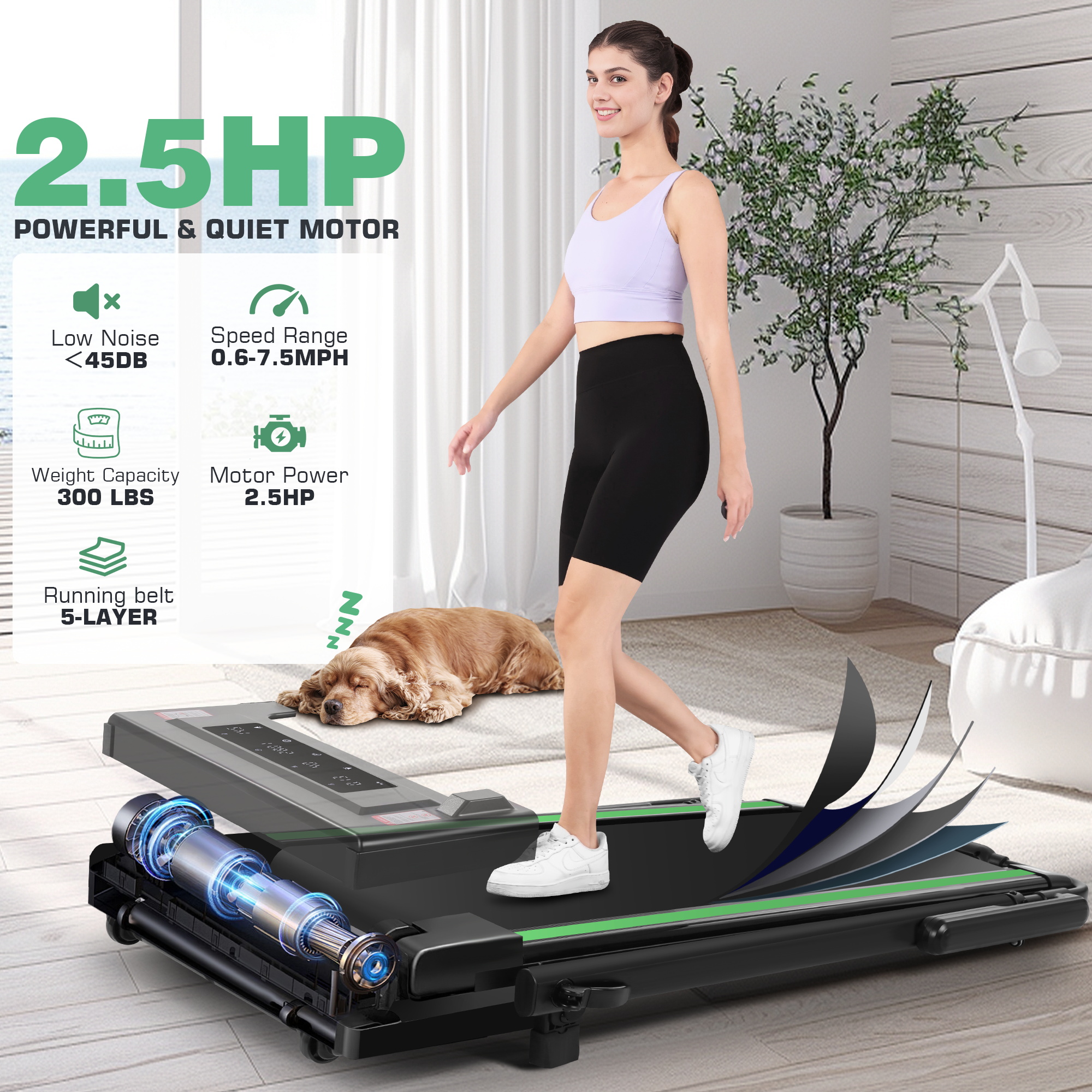 Simpfree 3 in 1 Under Desk Treadmill with Height-adjustable Desk,Max 300lbs Capacity,Walking Pad with LED Touch Screen,Remote Control,2s Folding Treadmill,No installation required,0.5-7.5mph/h（Green）