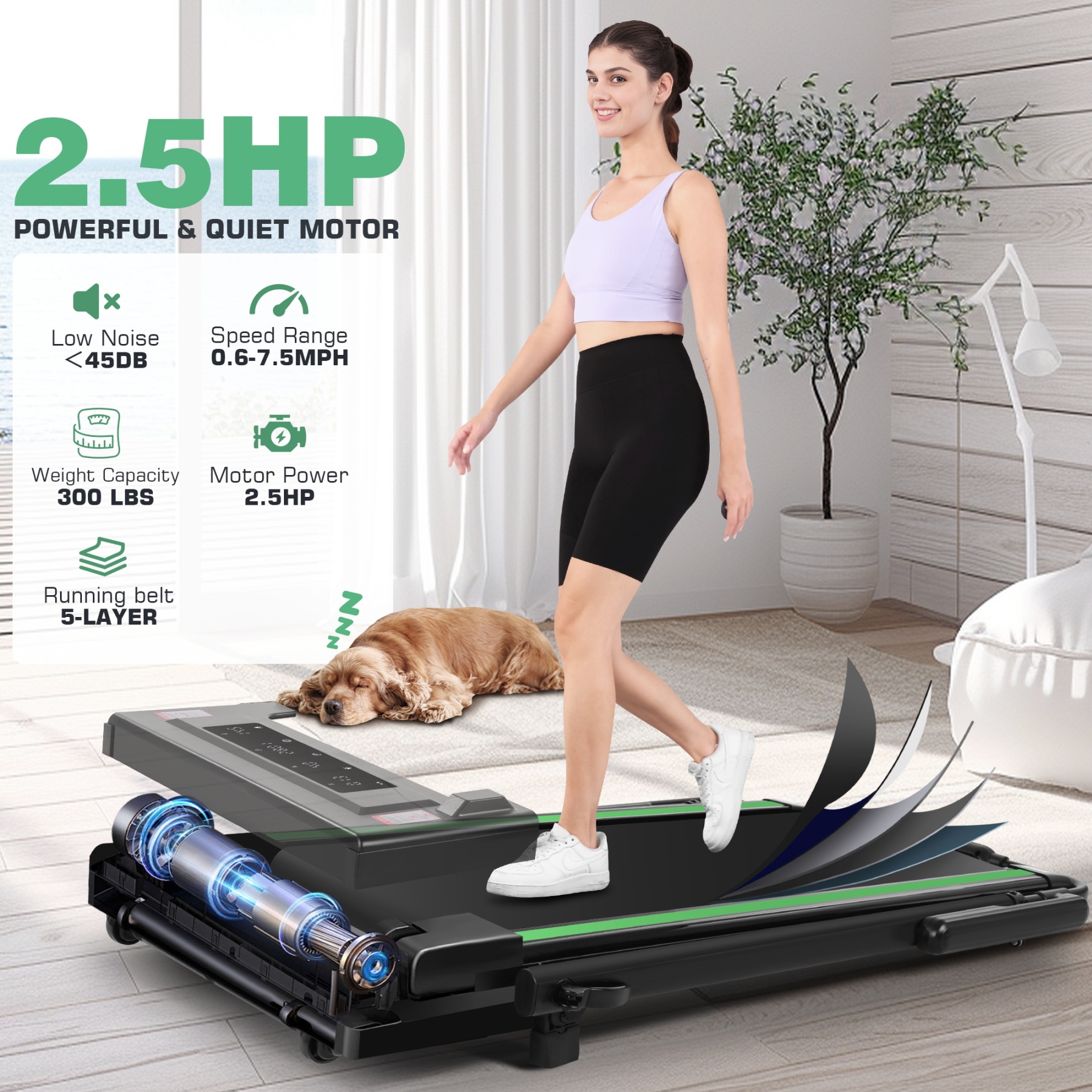 Simpfree 3 in 1 Under Desk Treadmill with Height-adjustable Desk,Max 300lbs Capacity,Walking Pad with LED Touch Screen,Remote Control,2s Folding Treadmill,No installation required,0.5-7.5mph/h（Green）