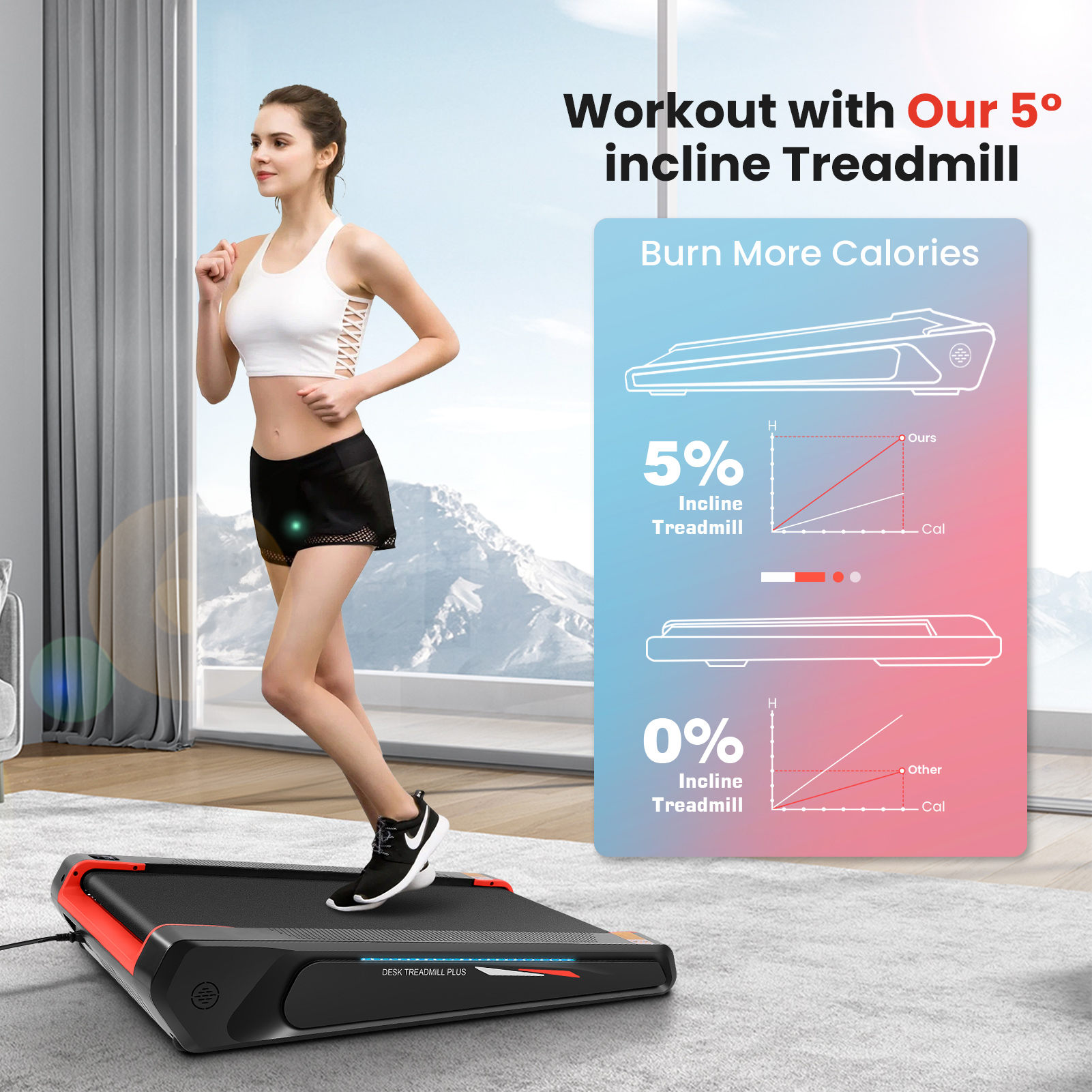 Walking Pad Treadmill with 5% Incline, 2.5HP Under Desk Treadmil with Remote and Unique Lamp Strip Design for Walking Running, Black & Red 300 Lbs Capacity