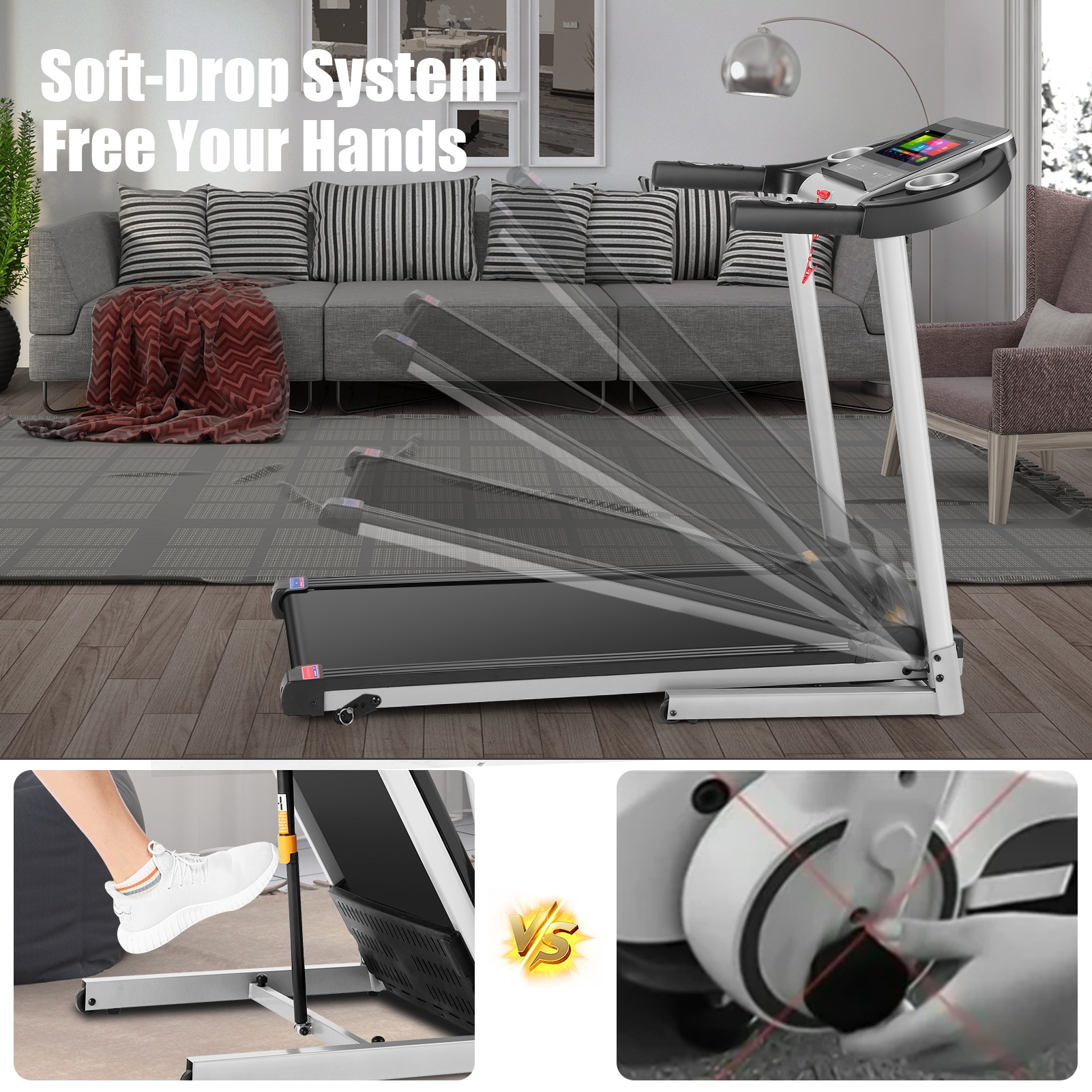  Home Treadmill--Treadmill with 10" HD TV Movie Touchscreen and 3D Virtual Sports Scene, Folding Treadmill with WiFi Connection, Speaker, Wide Belt, Youtube（Silver）