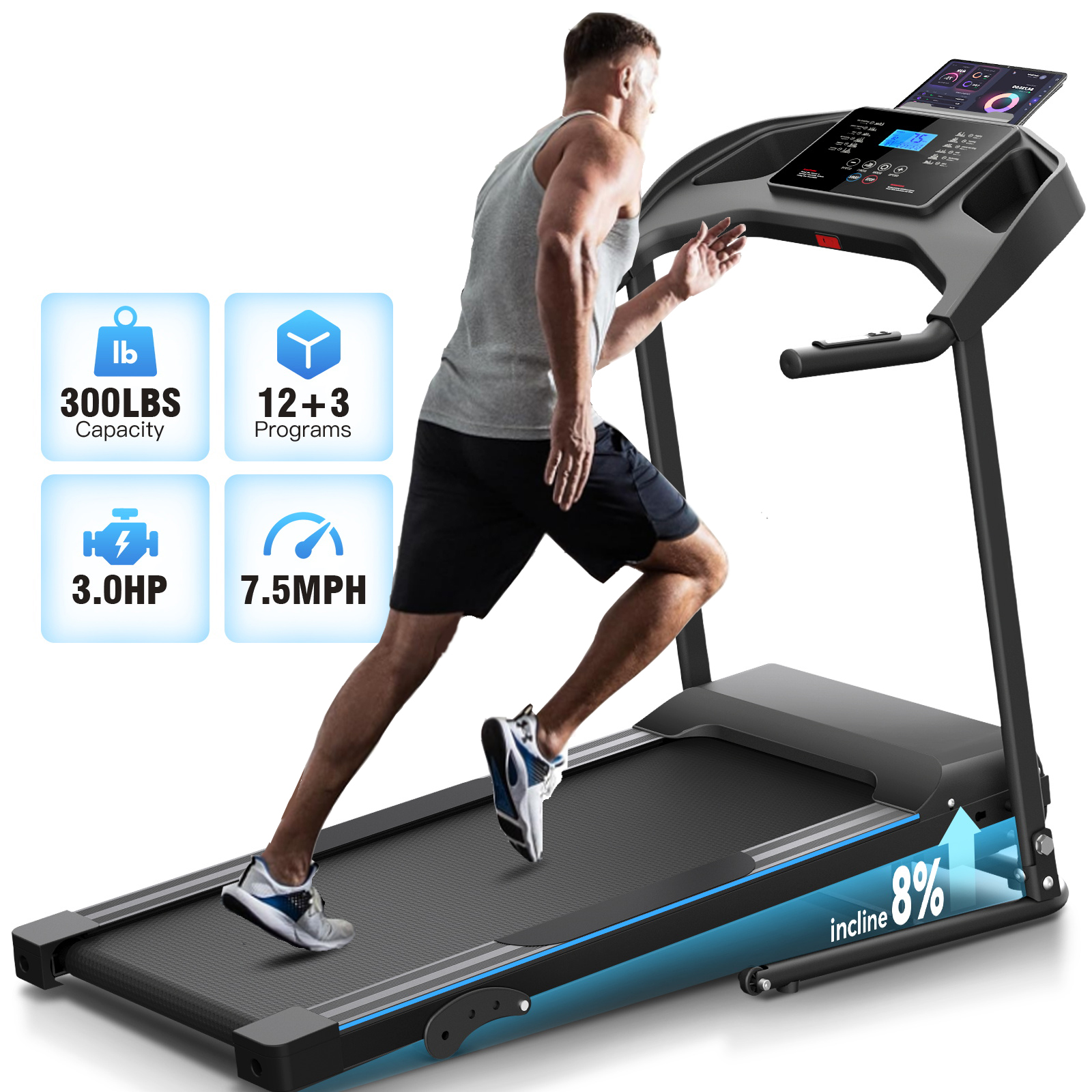Portable Folding Treadmill, 3.0 HP Foldable Compact Treadmill for Home Office, Walking Running Treadmill with LCD Display for Exercise, 300 lbs Treadmill with Incline, 12 Programs