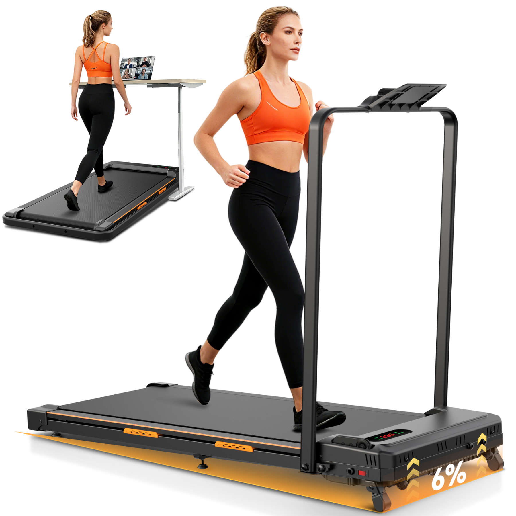 2 in 1 Walking Pad Treadmill with 6% Incline and Handle Bar, Under Desk Treadmill for Home Small Office with 300 lb Capacity ,2.5HP Portable Folding Treadmill with LED Screen and shock-absorbing