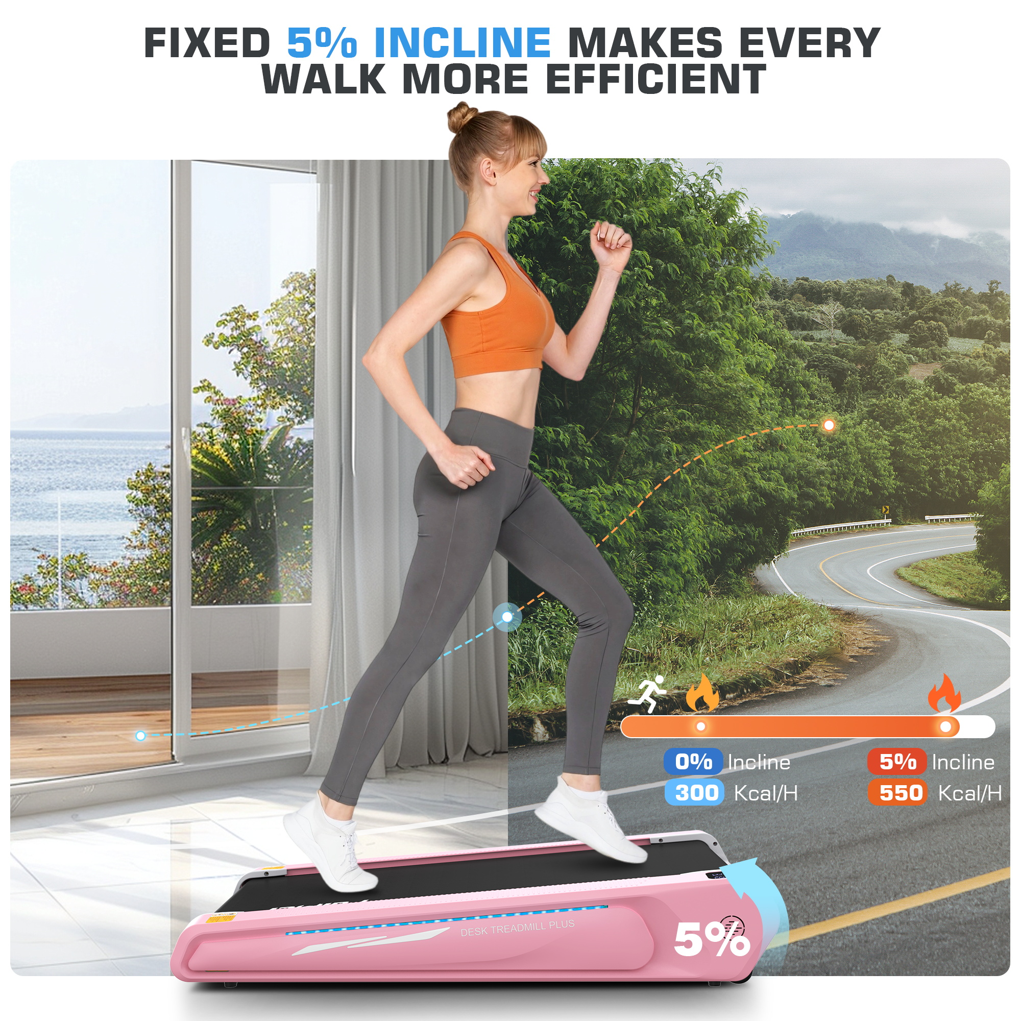 Walking Pad Treadmill with 5% Incline, 2.5HP Under Desk Treadmil with Remote and Unique Lamp Strip Design for Walking Running, Black & Red 300 Lbs Capacity