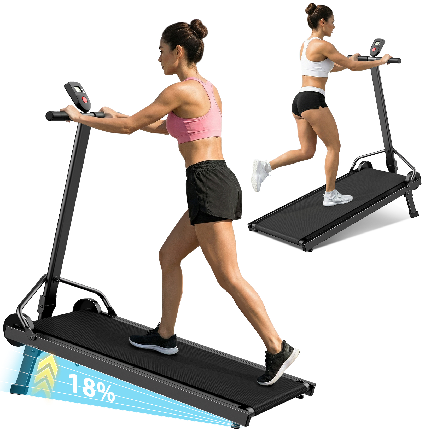 Manual Treadmill with 18% Fixed Incline, Foldable Non Electric Treadmill with Dual Flywheel System, 300LBS Capacity, LCD Monitor, Compact Foldable Design for Home Indoor Walking Jogging