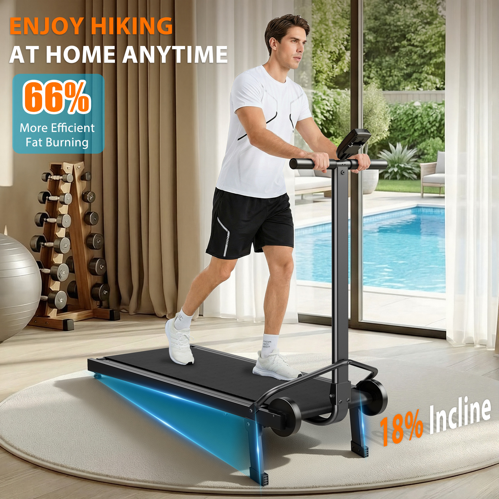 Manual Treadmill with 18% Fixed Incline, Foldable Non Electric Treadmill with Dual Flywheel System, 300LBS Capacity, LCD Monitor, Compact Foldable Design for Home Indoor Walking Jogging