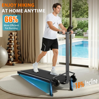 Manual Treadmill with 18% Fixed Incline, Foldable Non Electric Treadmill with Dual Flywheel System, 300LBS Capacity, LCD Monitor, Compact Foldable Design for Home Indoor Walking Jogging
