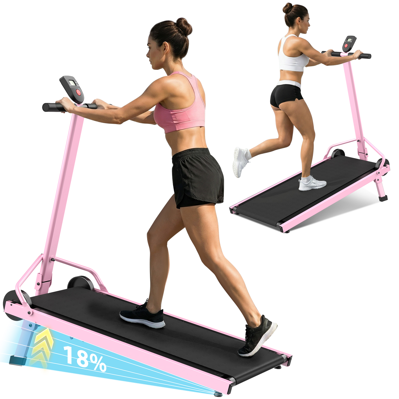 Manual Treadmill with 18% Fixed Incline, Foldable Non Electric Treadmill with Dual Flywheel System, 300LBS Capacity, LCD Monitor, Compact Foldable Design for Home Indoor Walking Jogging