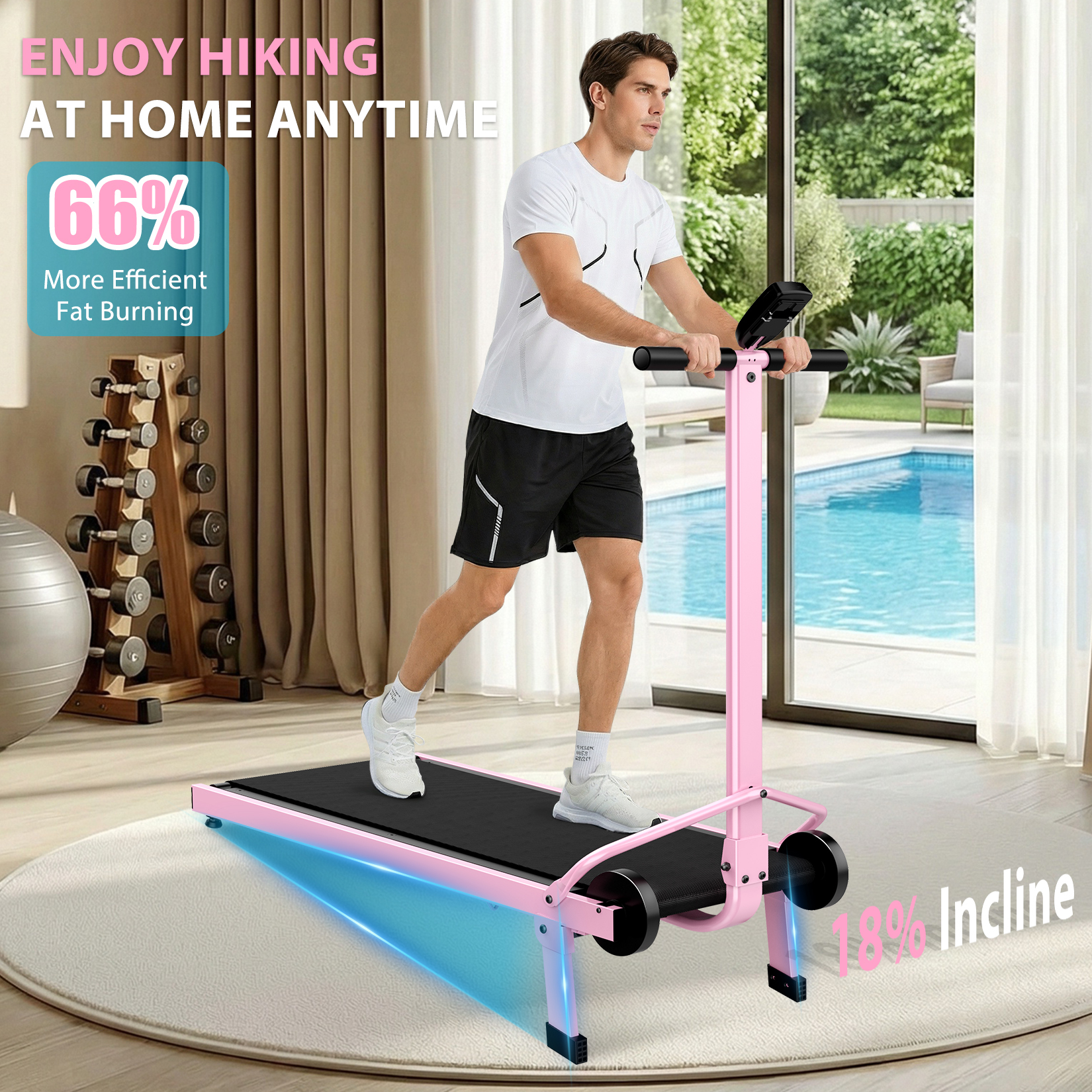 Manual Treadmill with 18% Fixed Incline, Foldable Non Electric Treadmill with Dual Flywheel System, 300LBS Capacity, LCD Monitor, Compact Foldable Design for Home Indoor Walking Jogging