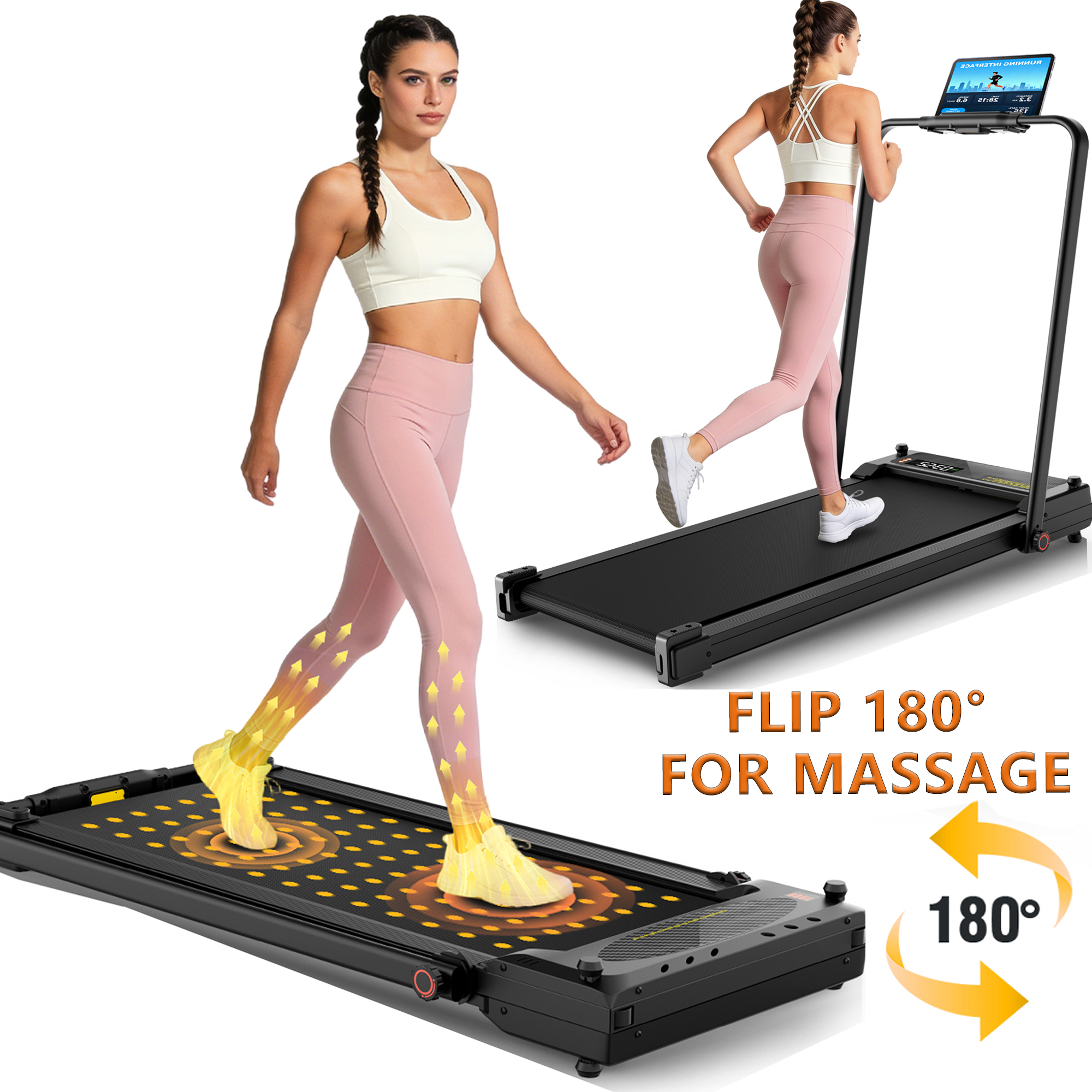 Simpfree Walking Pad Treadmill with Foot Massage, Versatile Dual-Sided Under Desk Treadmill with Handle Bar, 2.5HP Foldable Treadmill for Home/Office with 300LBS Weight Capacity,0.6-7.5MPH