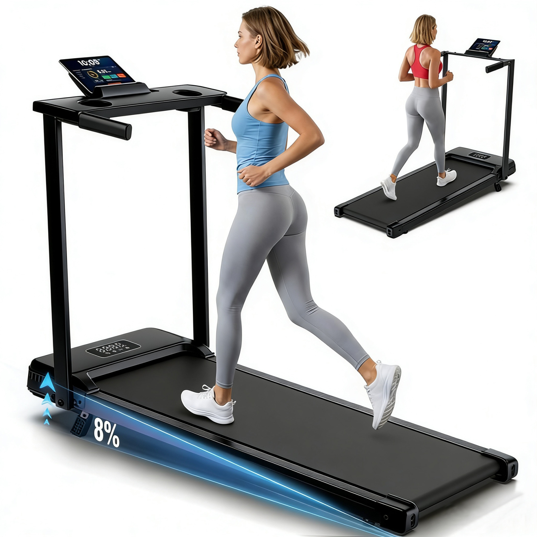 Simpfree 8% Incline Treadmill for Home Office,3.5HP Walking Pad with Desk & Handle Bar 350 lbs Weight Capacity, Electric Running Machine with LED Display & Remote Control, 90% Pre-assembled