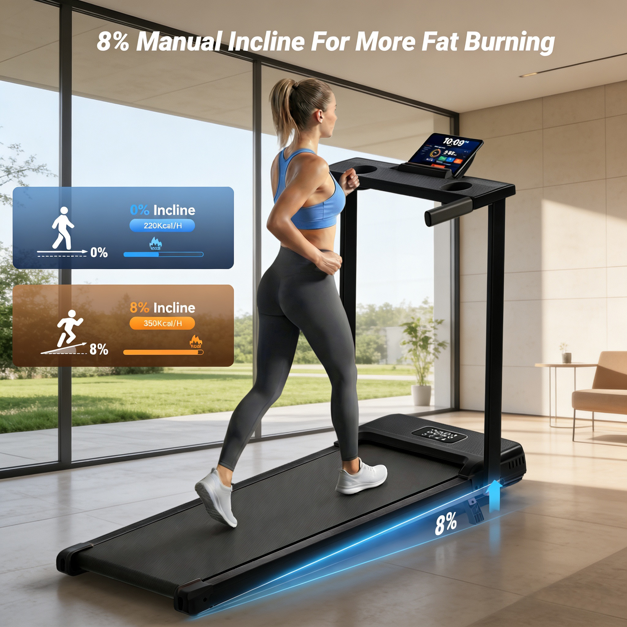 Simpfree 8% Incline Treadmill for Home Office,3.5HP Walking Pad with Desk & Handle Bar 350 lbs Weight Capacity, Electric Running Machine with LED Display & Remote Control, 90% Pre-assembled