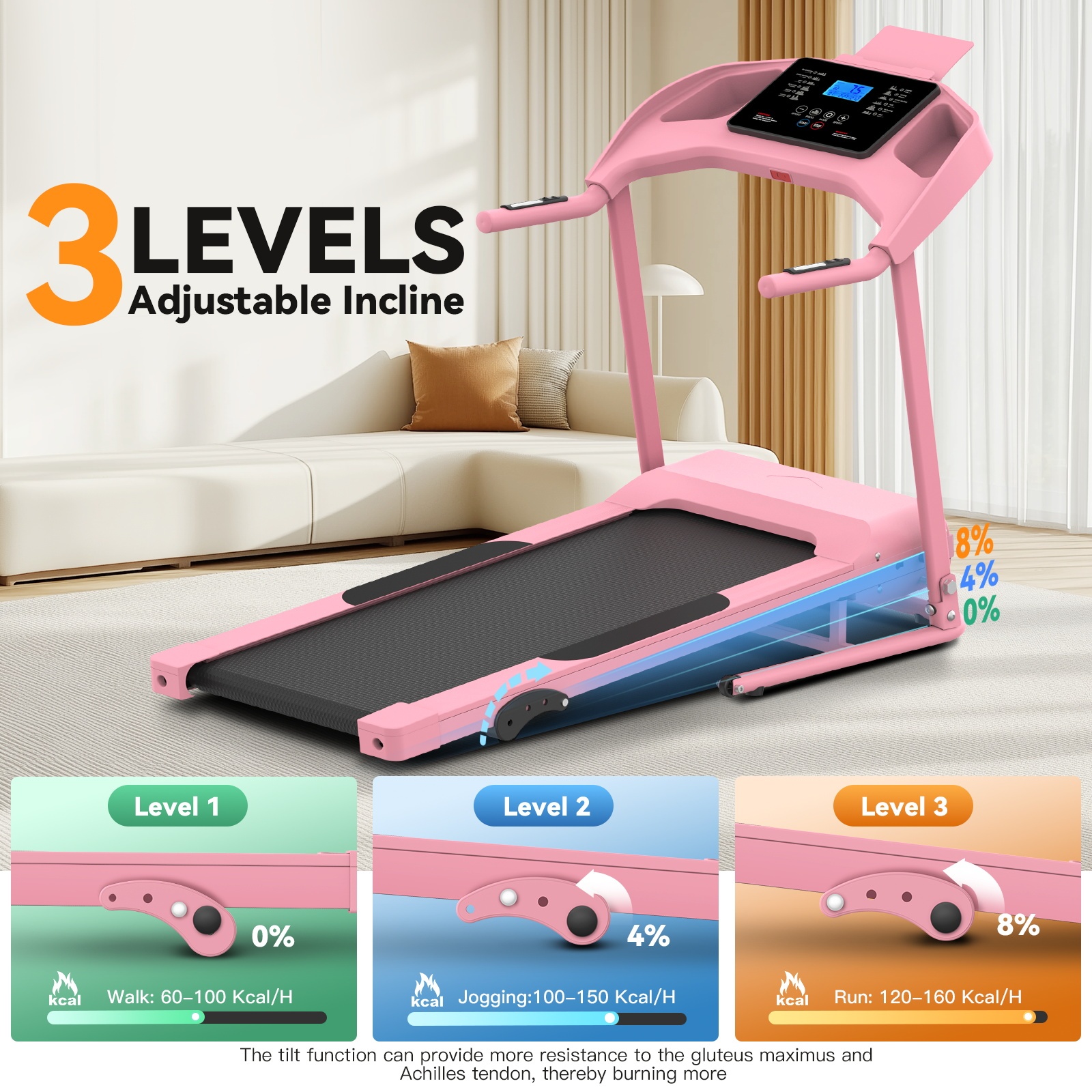 Treadmill with 8% Incline, 3.0 HP Foldable Compact Treadmill with Sit-up Function, 300 lbs Walking Running Treadmill with LCD Display for Exercise, 12 Programs