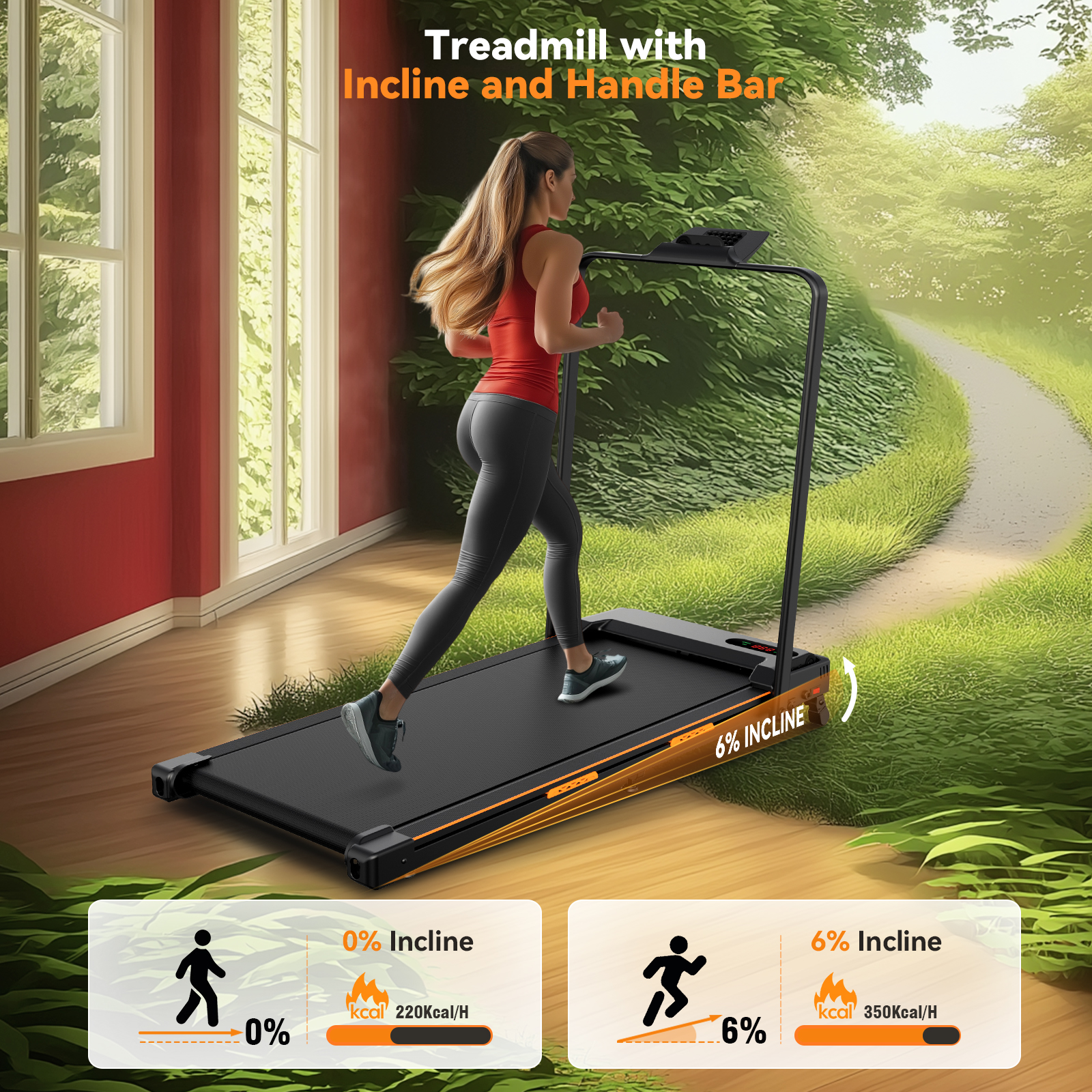2 in 1 Walking Pad Treadmill with 6% Incline and Handle Bar, Under Desk Treadmill for Home Small Office with 300 lb Capacity ,2.5HP Portable Folding Treadmill with LED Screen and shock-absorbing