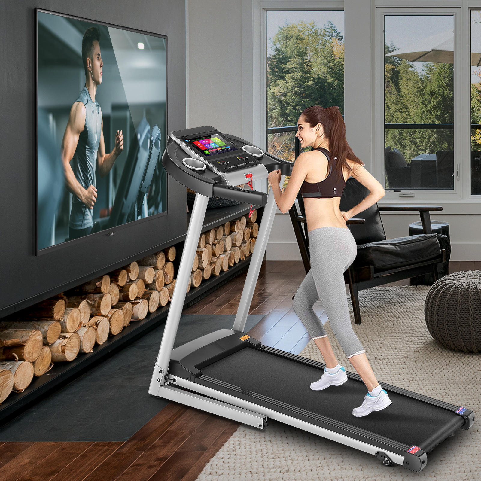  Home Treadmill--Treadmill with 10" HD TV Movie Touchscreen and 3D Virtual Sports Scene, Folding Treadmill with WiFi Connection, Speaker, Wide Belt, Youtube（Silver）