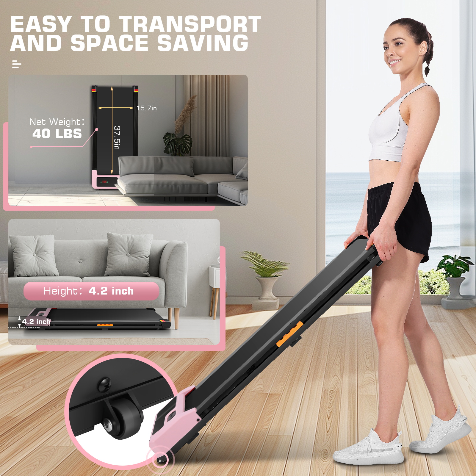 Walking Pad with Shock-absorbing Rubber, 2 in 1 Under Desk Treadmill with Remote Control, 300lbs Portable Treadmill with 3 Custom Modes for Home/Office (Pink)