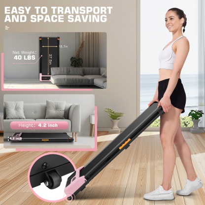 Walking Pad with Shock-absorbing Rubber, 2 in 1 Under Desk Treadmill with Remote Control, 300lbs Portable Treadmill with 3 Custom Modes for Home/Office (Pink)