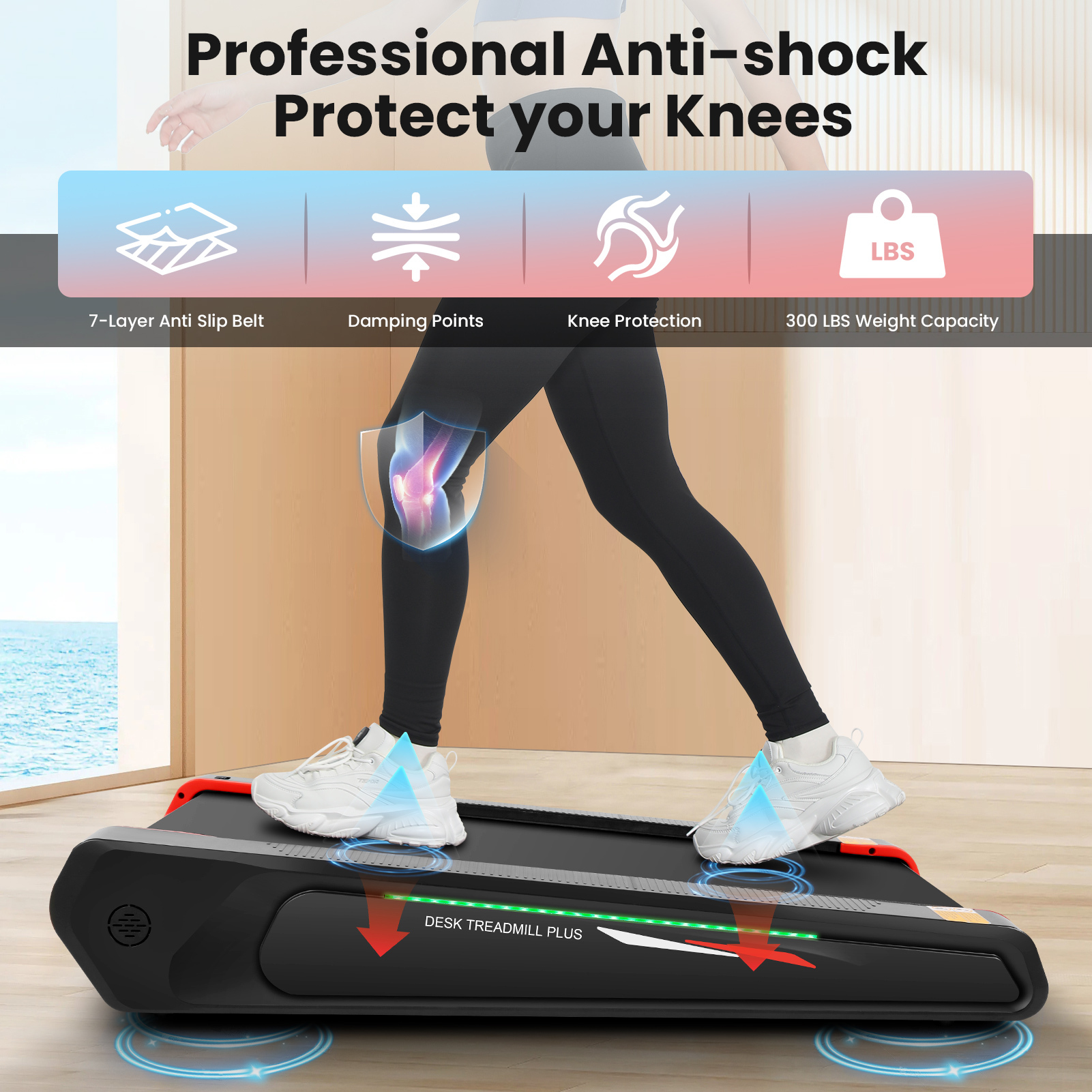 Walking Pad Treadmill with 5% Incline, 2.5HP Under Desk Treadmil with Remote and Unique Lamp Strip Design for Walking Running, Black & Red 300 Lbs Capacity