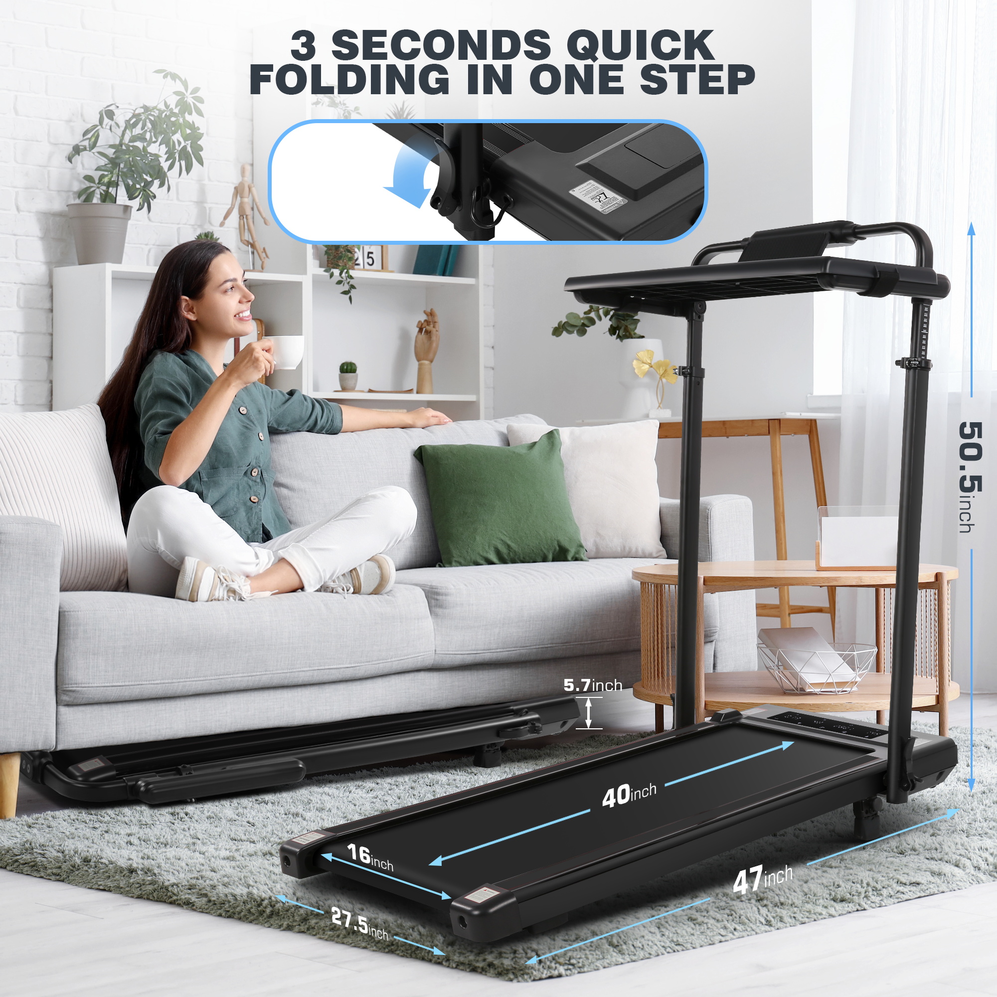 Simpfree 3 in 1 Under Desk Treadmill with Height-adjustable Desk,Max 300lbs Capacity,Walking Pad with LED Touch Screen,Remote Control,2s Folding Treadmill,No installation required,0.5-7.5mph/h（Black）