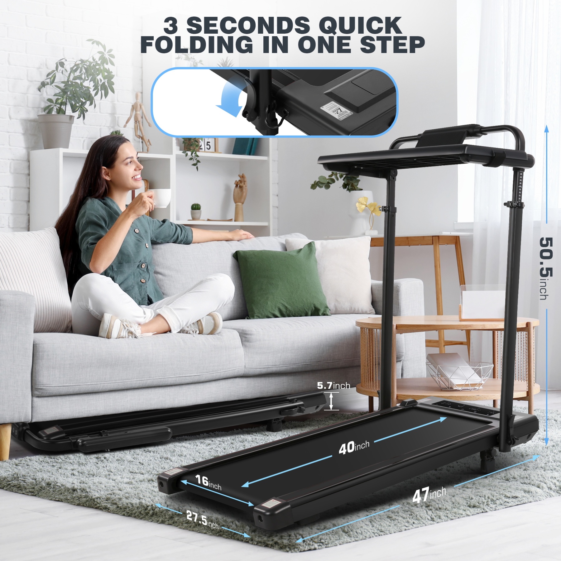 Simpfree 3 in 1 Under Desk Treadmill with Height-adjustable Desk,Max 300lbs Capacity,Walking Pad with LED Touch Screen,Remote Control,2s Folding Treadmill,No installation required,0.5-7.5mph/h（Black）