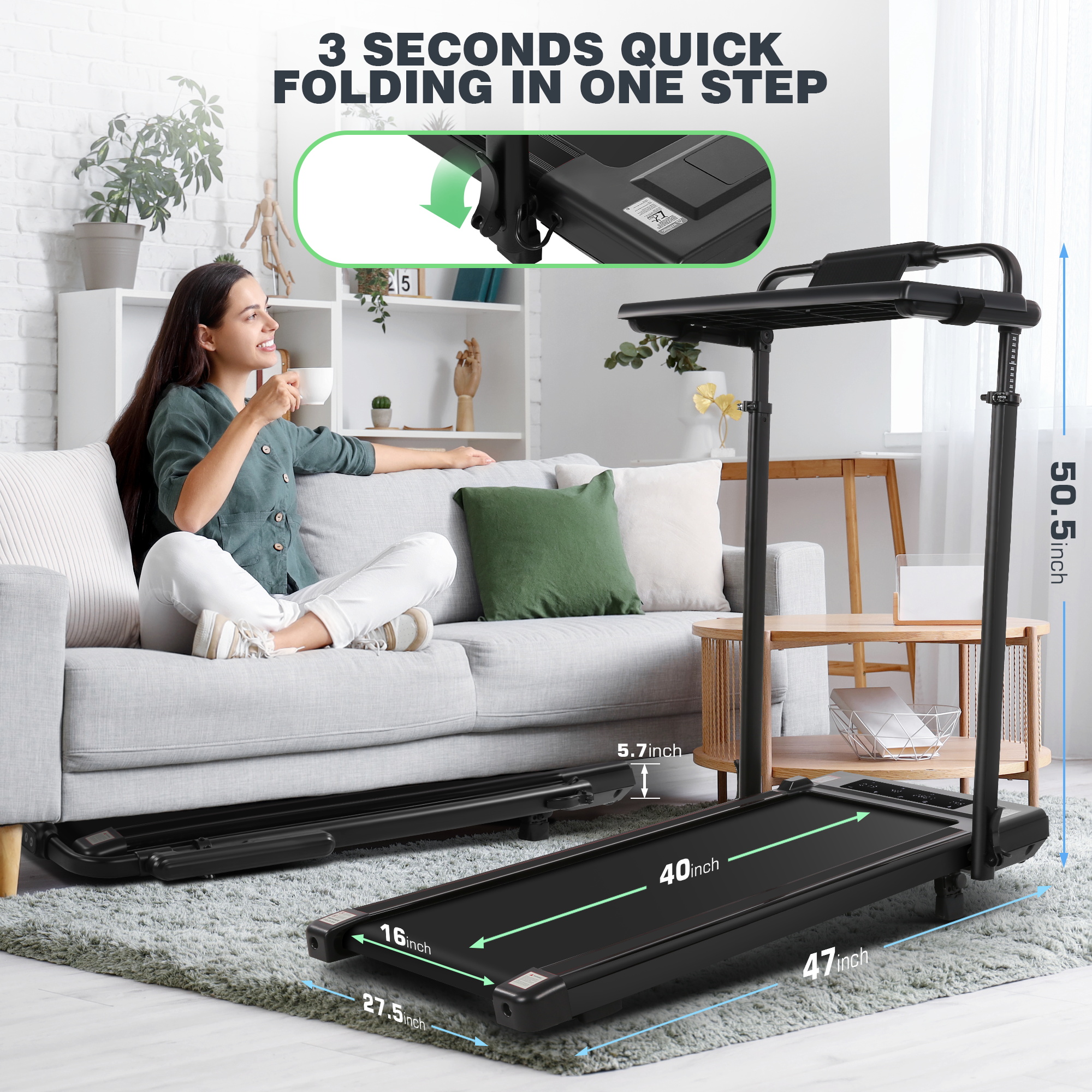 Simpfree 3 in 1 Under Desk Treadmill with Height-adjustable Desk,Max 300lbs Capacity,Walking Pad with LED Touch Screen,Remote Control,2s Folding Treadmill,No installation required,0.5-7.5mph/h（Green）