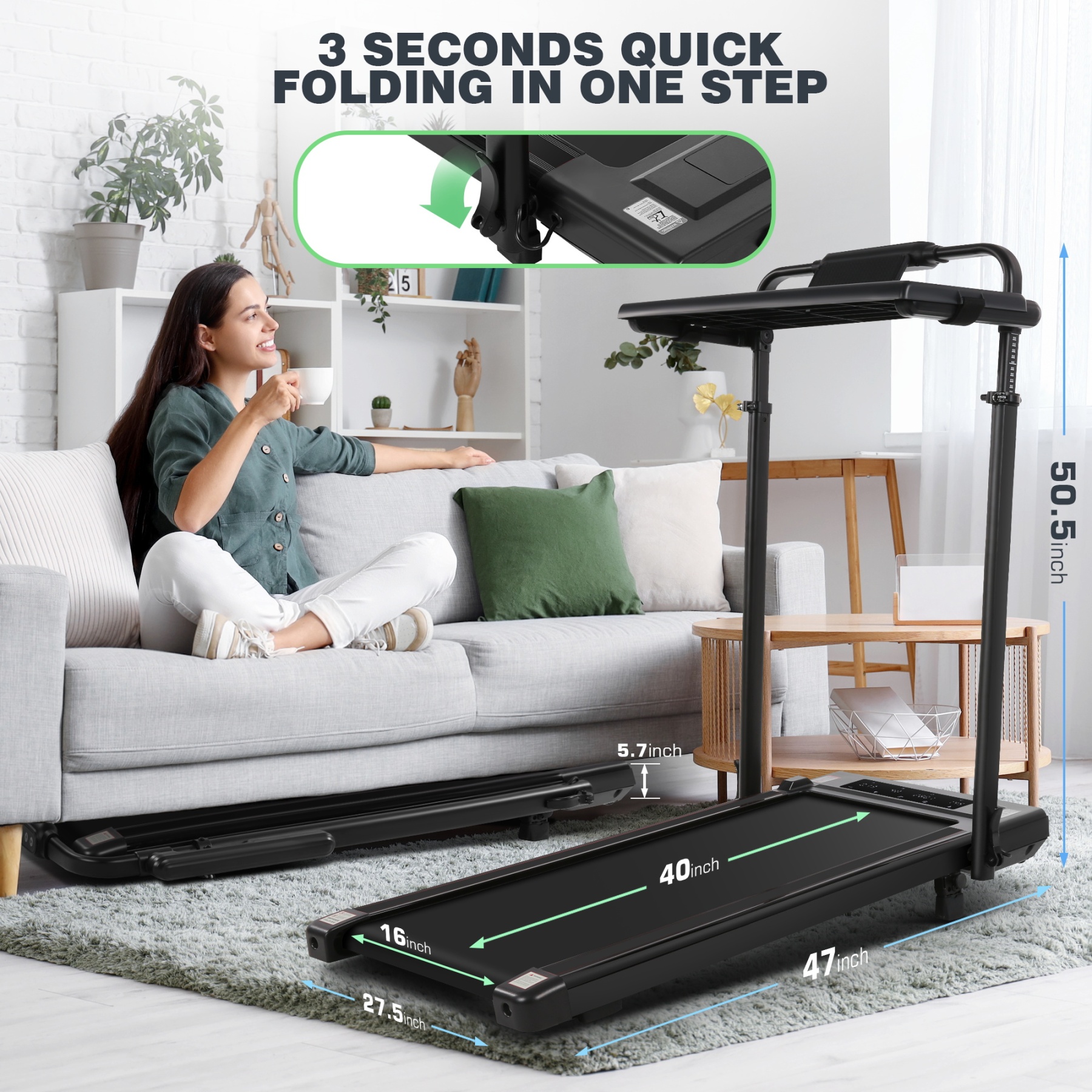 Simpfree 3 in 1 Under Desk Treadmill with Height-adjustable Desk,Max 300lbs Capacity,Walking Pad with LED Touch Screen,Remote Control,2s Folding Treadmill,No installation required,0.5-7.5mph/h（Green）