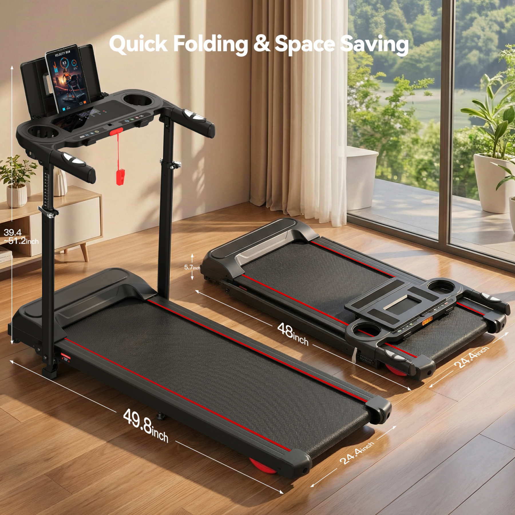 Adjustable Height Treadmill with Foldable Workstation & 8% Incline, 3.5HP Portable Treadmills for Home 300 lbs Weight Capacity, 12 Programs, Heart Rate Monitor,Installation in 4 Steps