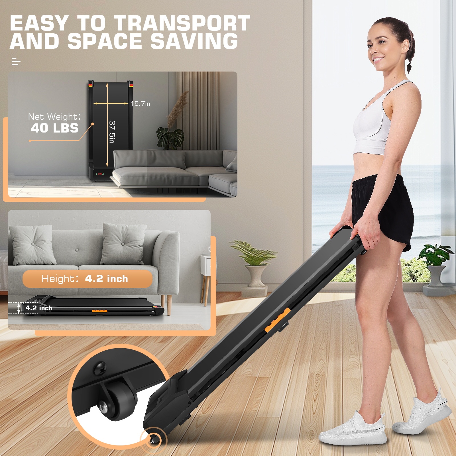 Simpfree Walking Pad with Shock-absorbing Rubber, 2 in 1 Under Desk Treadmill with Remote Control, 300lbs Portable Treadmill with 3 Custom Modes for Home/Office (Black)