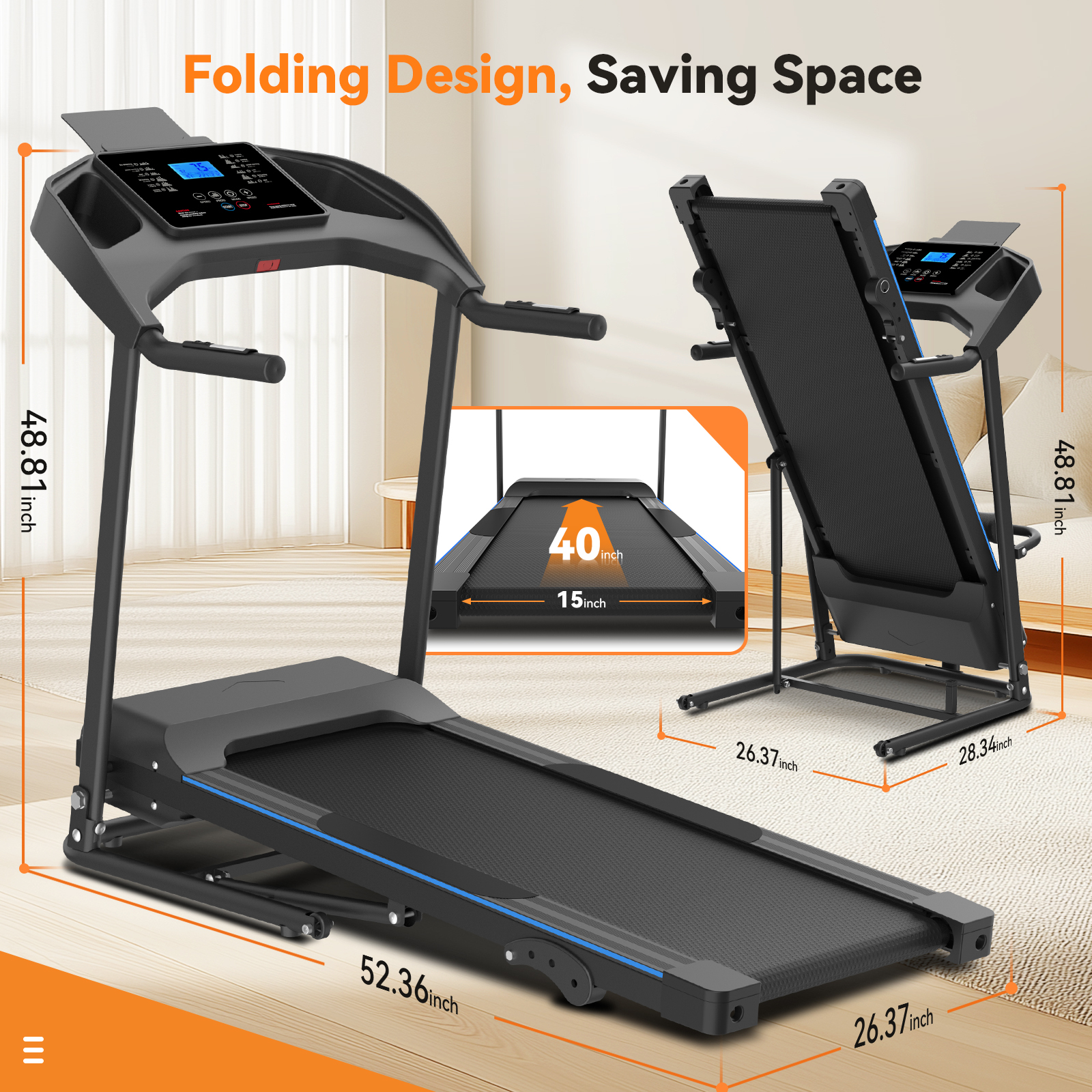 Portable Folding Treadmill, 3.0 HP Foldable Compact Treadmill for Home Office, Walking Running Treadmill with LCD Display for Exercise, 300 lbs Treadmill with Incline, 12 Programs